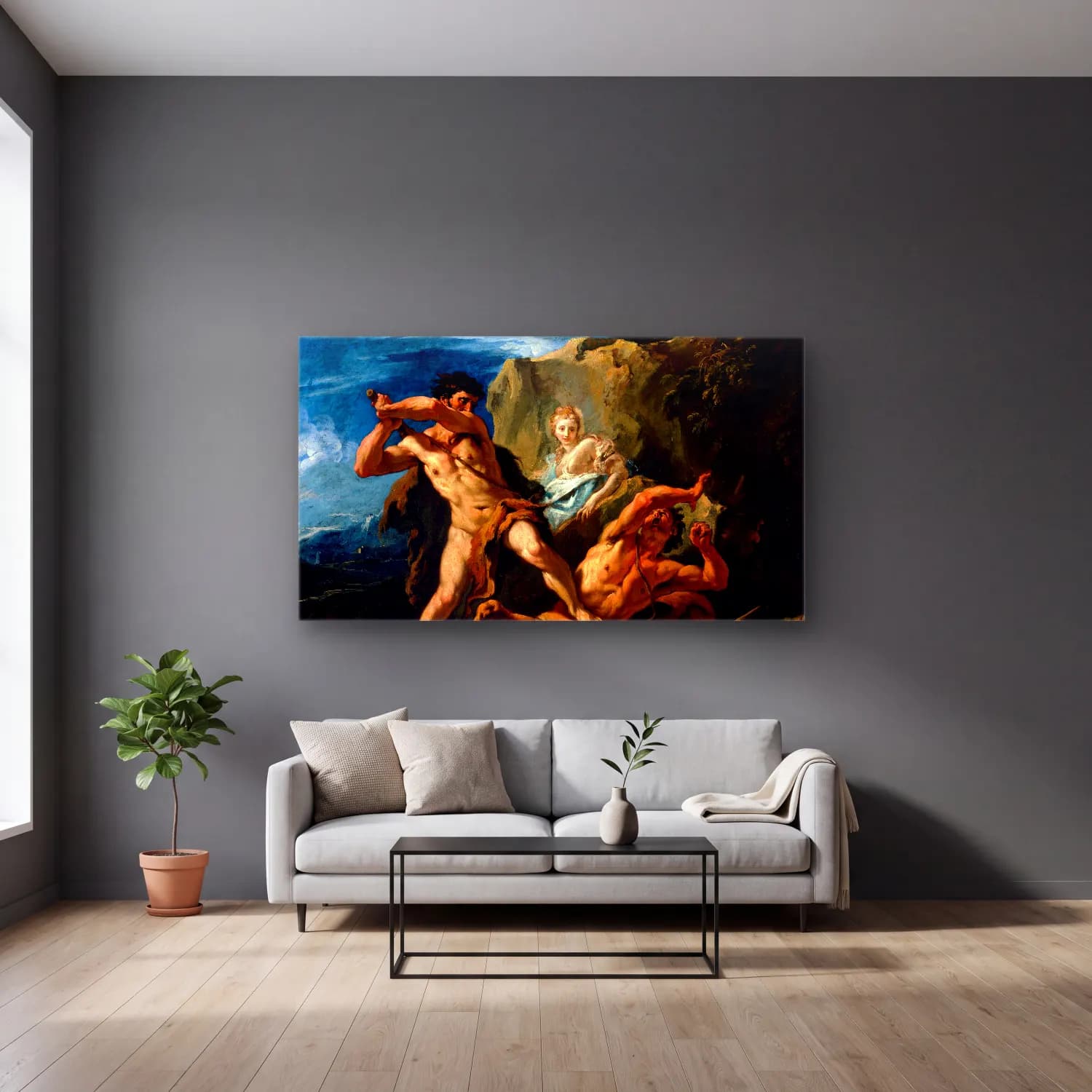 Sebastiano Ricci – Hercules Killing the Centaur Nessus cam tablo — gri duvarlı salonda