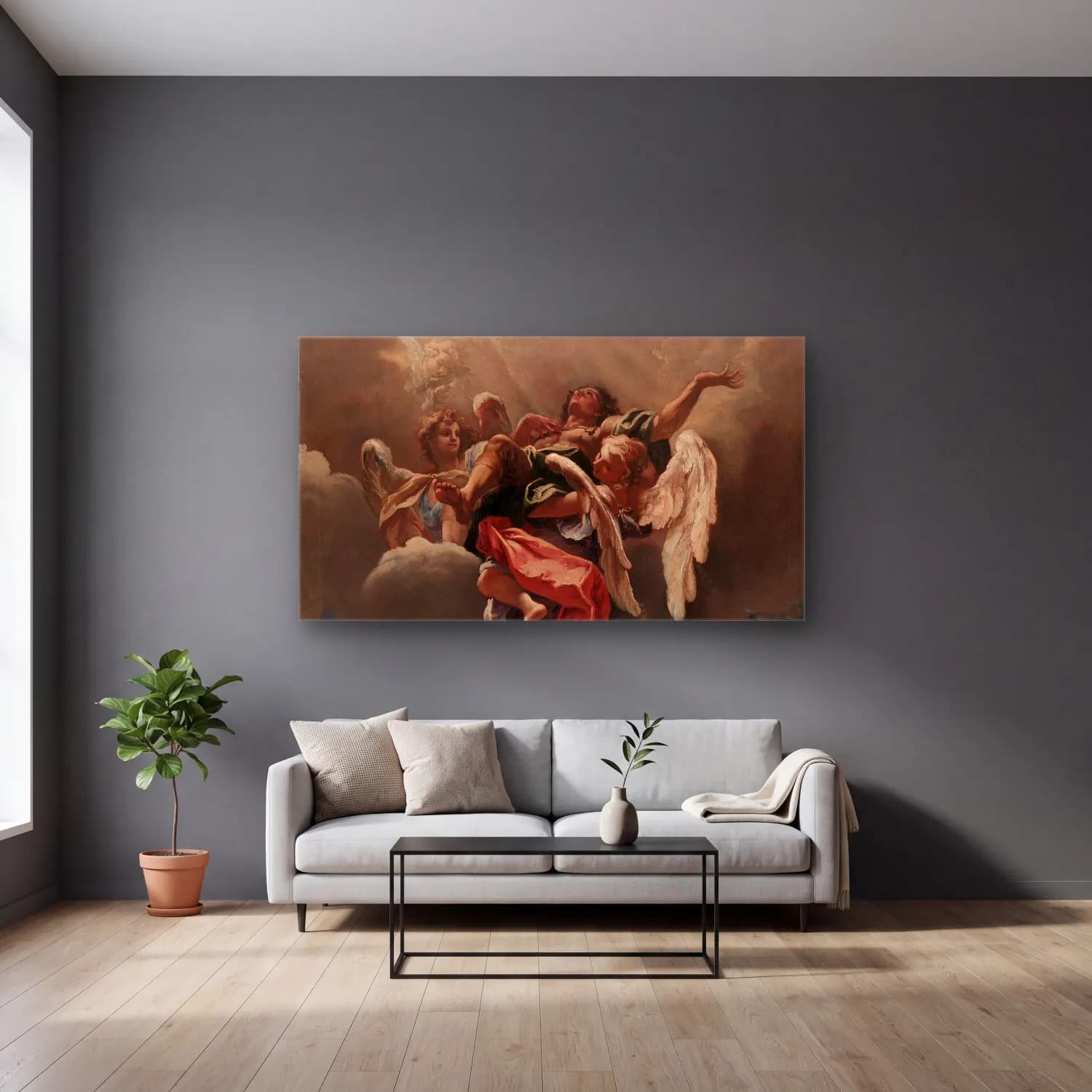Sebastiano Ricci – Study for ‘An Apotheosis of a Saint’ (for San Bernardino… cam tablo — gri duvarlı salonda