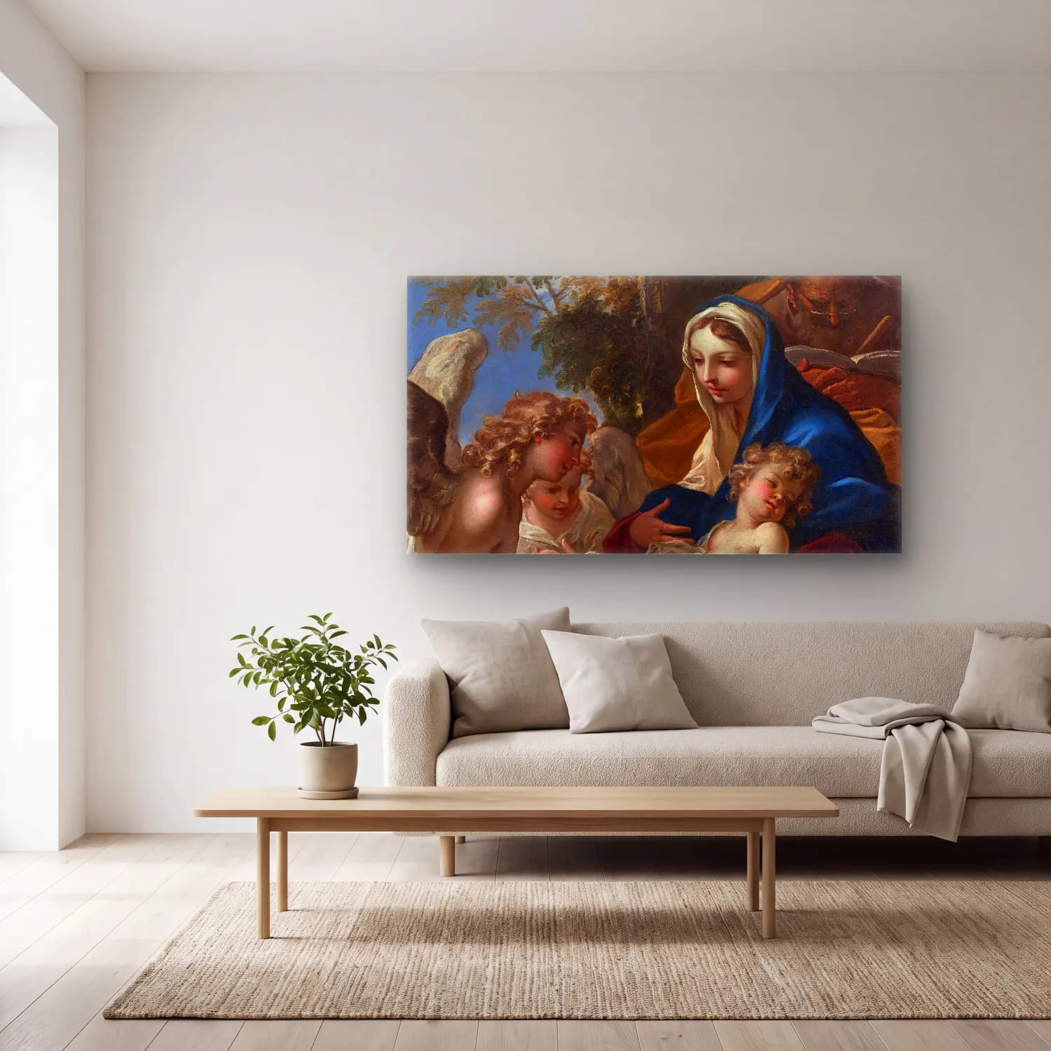 Sebastiano Ricci – The Holy Family with Angels (ca. 1700) cam tablo — açık renk salonda