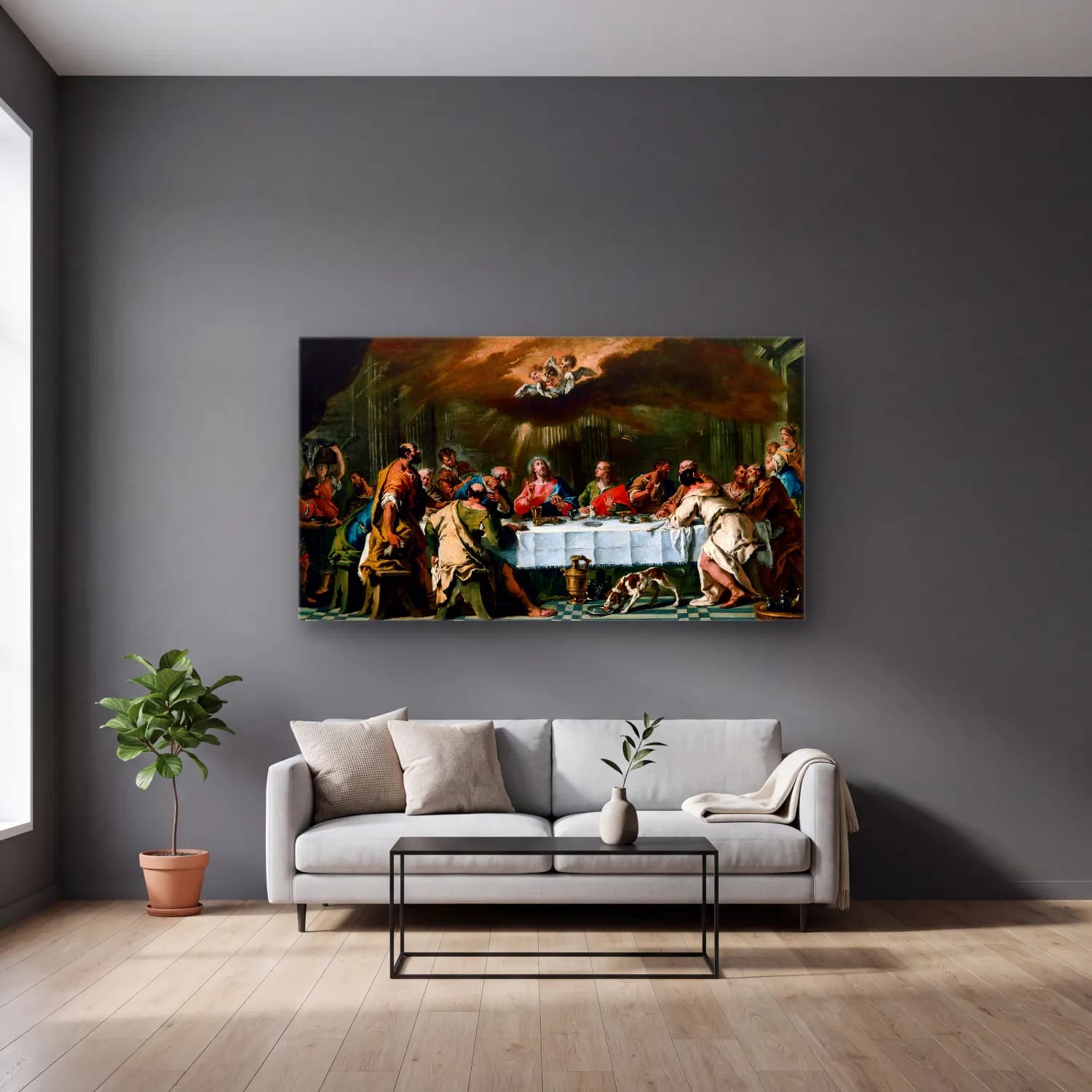Sebastiano Ricci – The Last Supper cam tablo — gri duvarlı salonda