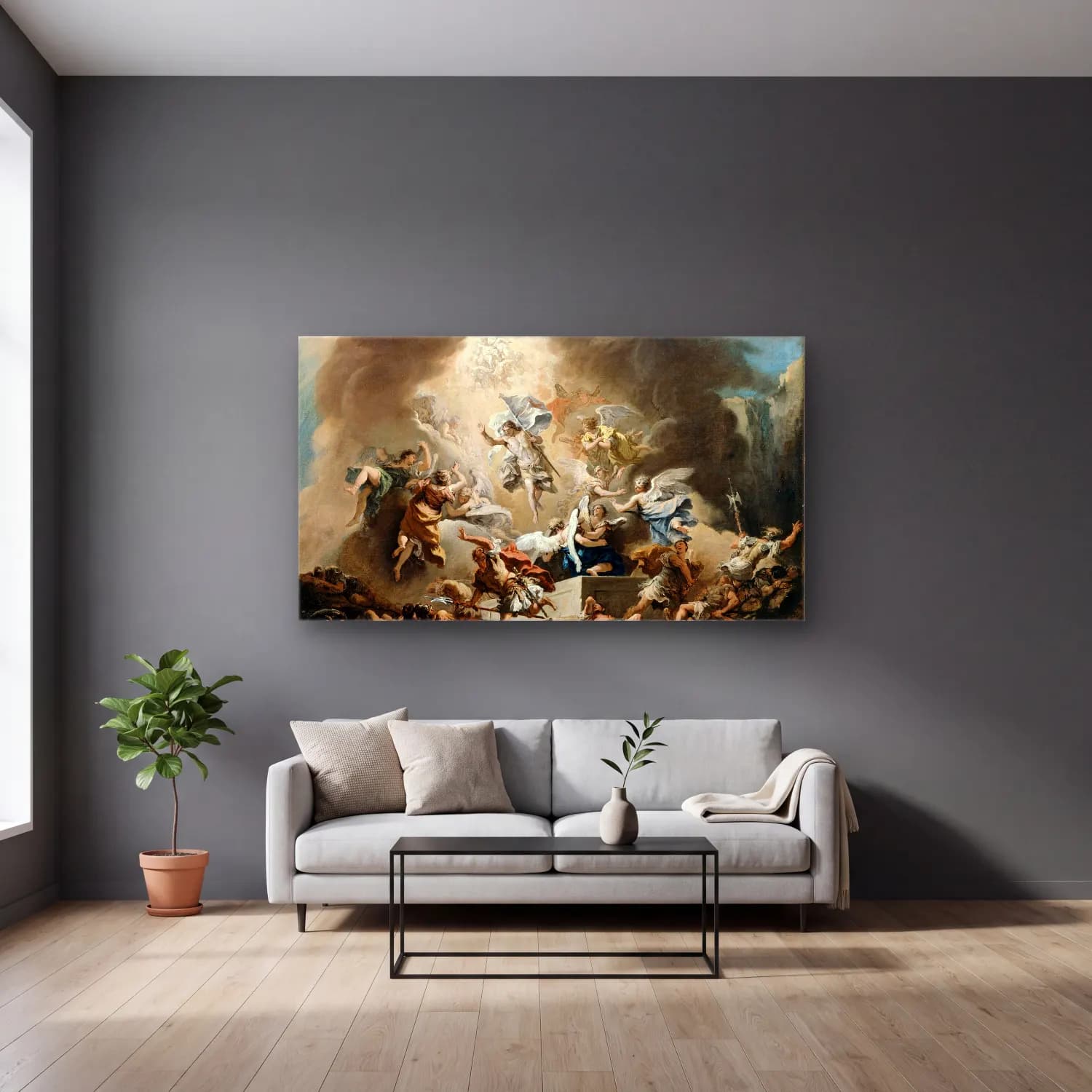 Sebastiano Ricci – The Resurrection (circa 1715) cam tablo — gri duvarlı salonda