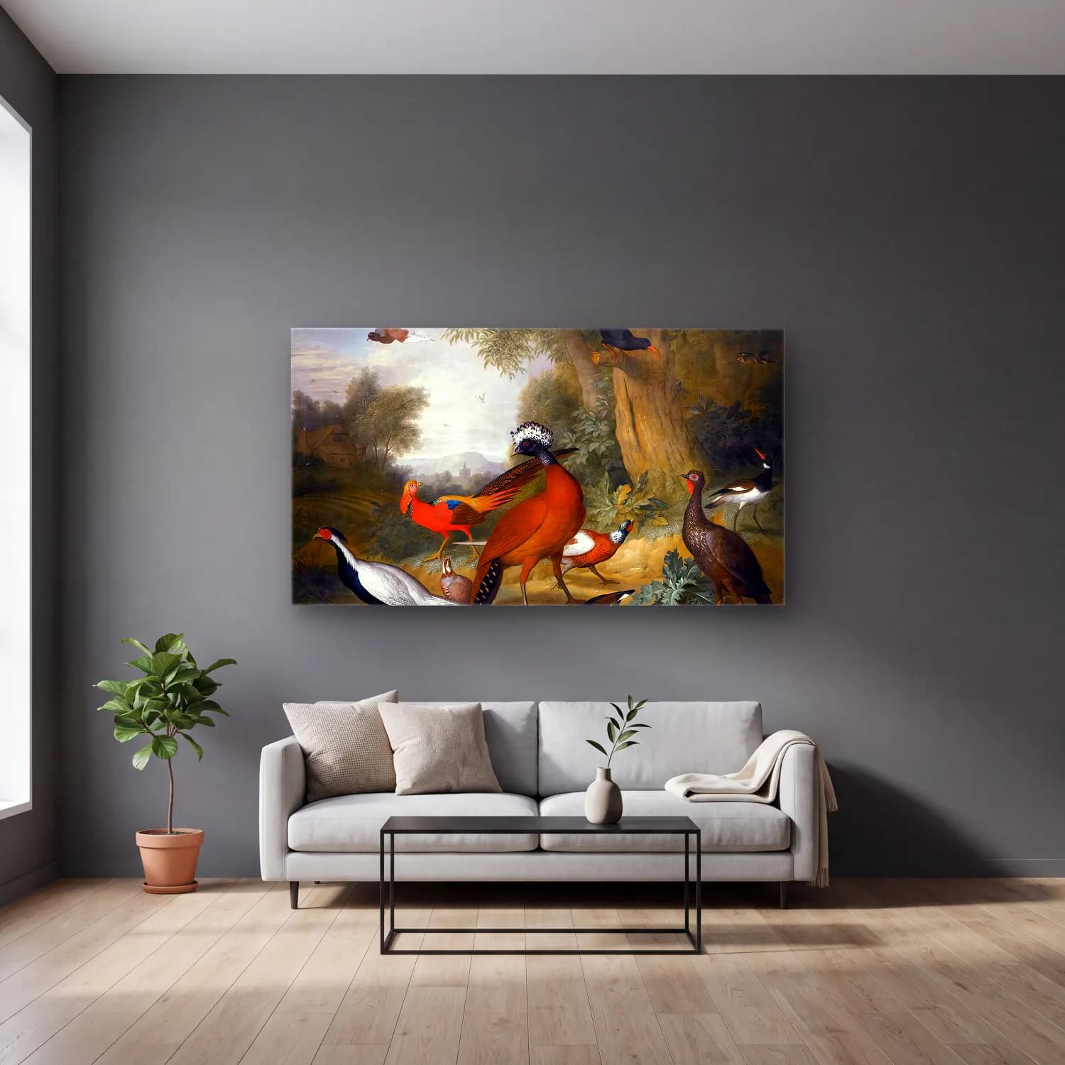 Tobias Stranover – Birds in a Landscape cam tablo — gri duvarlı salonda