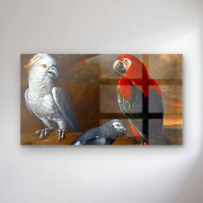 Tobias Stranover – Parrots in an Extensive Woodland Landscape (detail) cam tablo — Tobias Stranover – Parrots in an Extensive Woodland Landscape (detail) — yağlı boya papağan