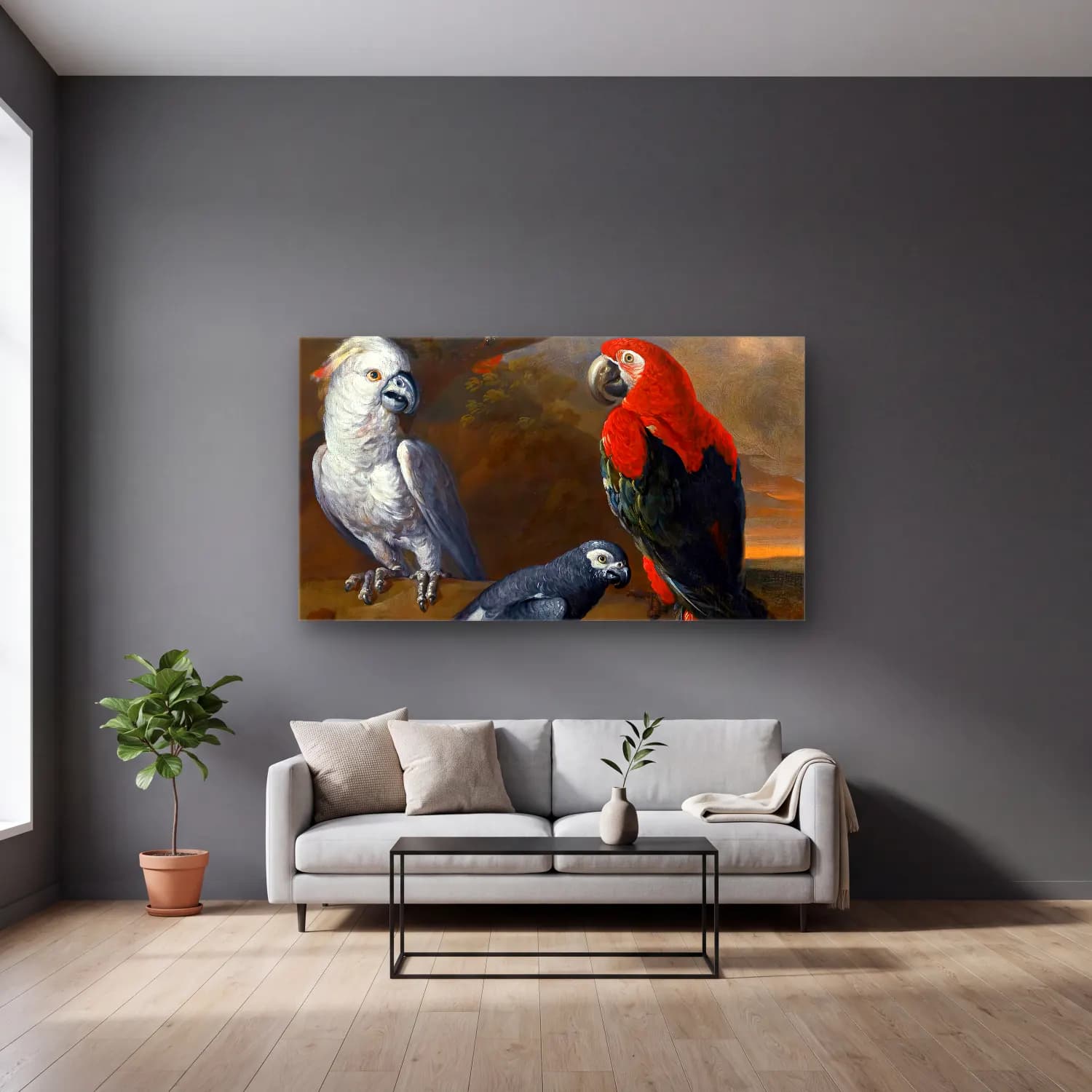 Tobias Stranover – Parrots in an Extensive Woodland Landscape (detail) cam tablo — gri duvarlı salonda