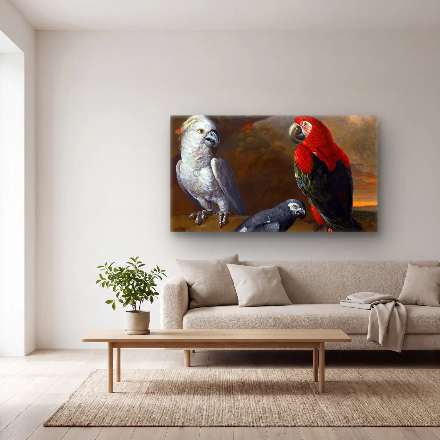 Tobias Stranover – Parrots in an Extensive Woodland Landscape (detail) cam tablo — açık renk salonda