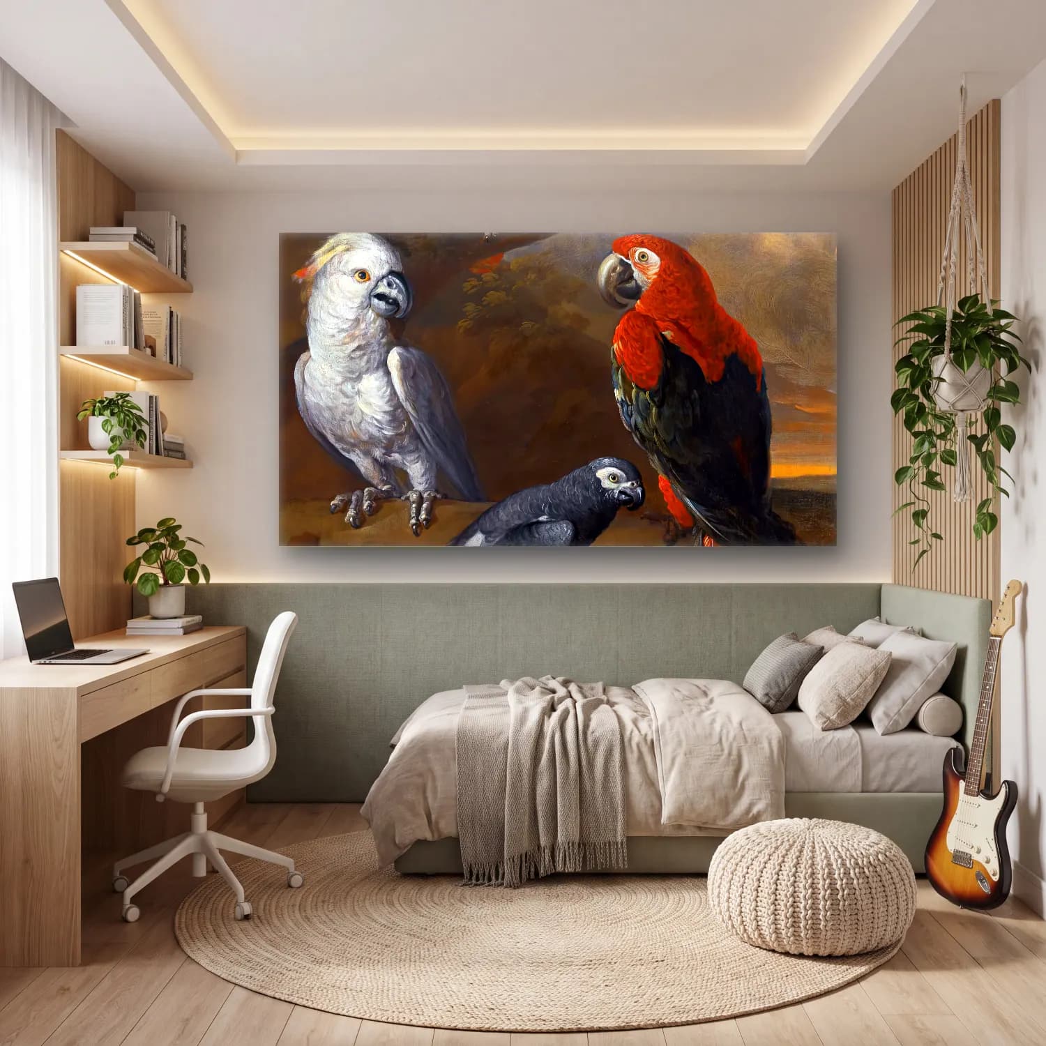 Tobias Stranover – Parrots in an Extensive Woodland Landscape (detail) cam tablo — genç odasında