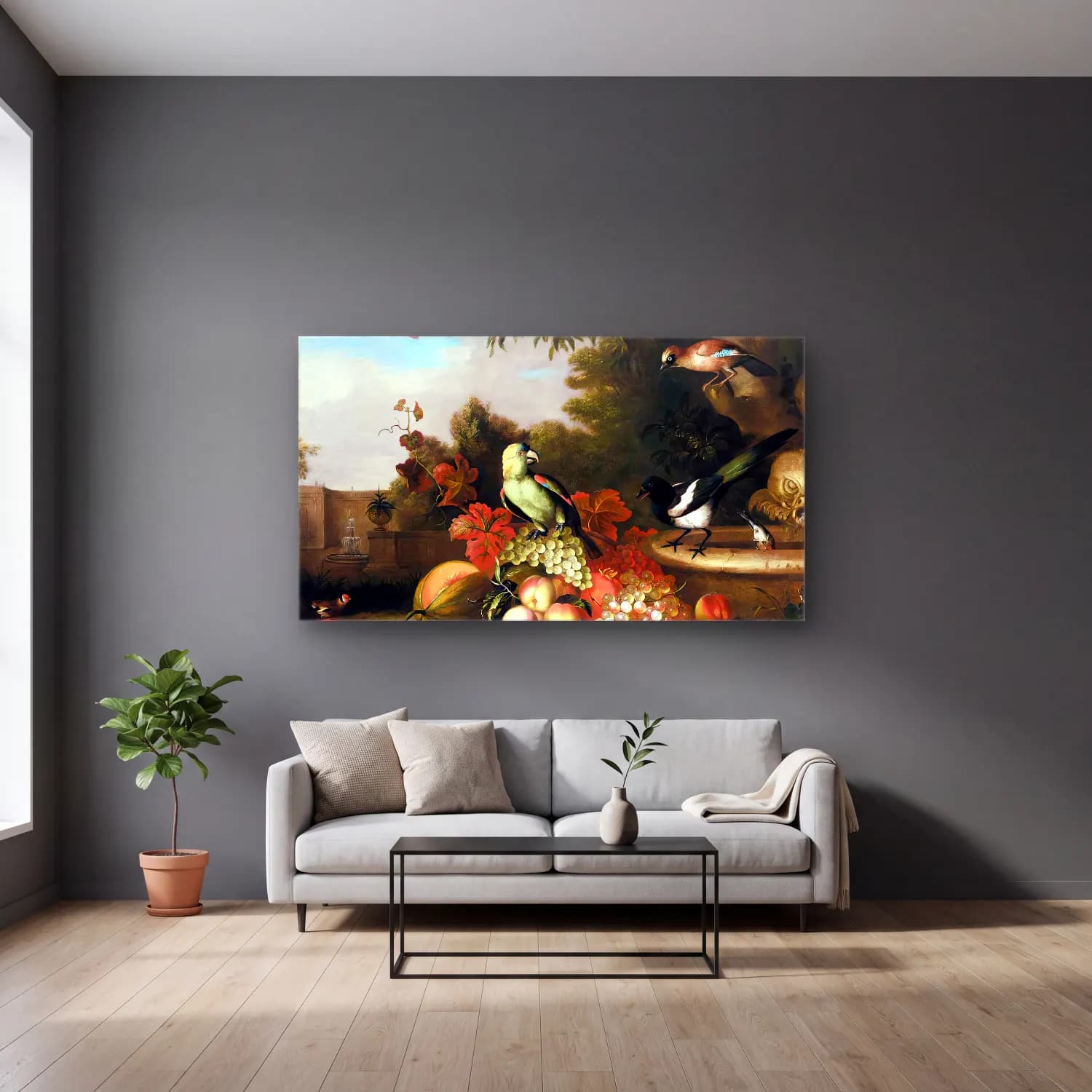 Tobias Stranover – Still-Life of Fruit and Birds cam tablo — gri duvarlı salonda
