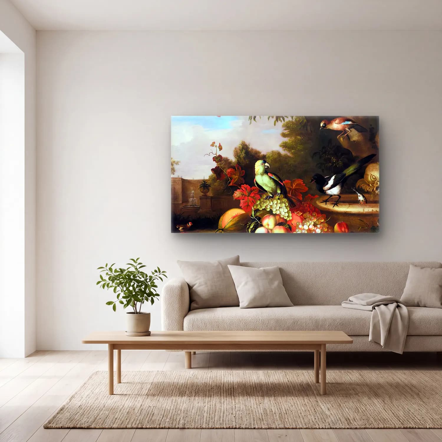 Tobias Stranover – Still-Life of Fruit and Birds cam tablo — açık renk salonda