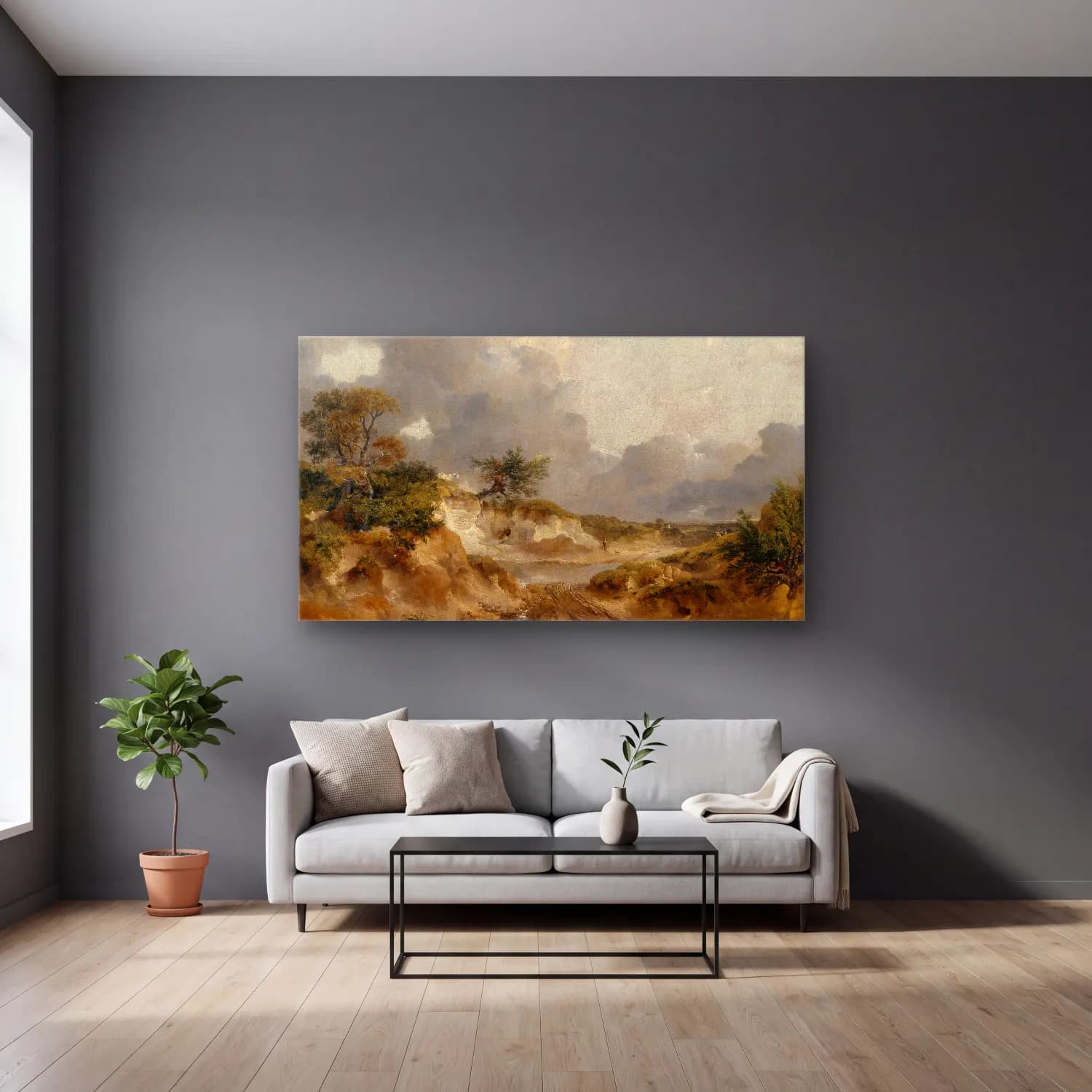 Thomas Gainsborough – A View in Suffolk cam tablo — gri duvarlı salonda