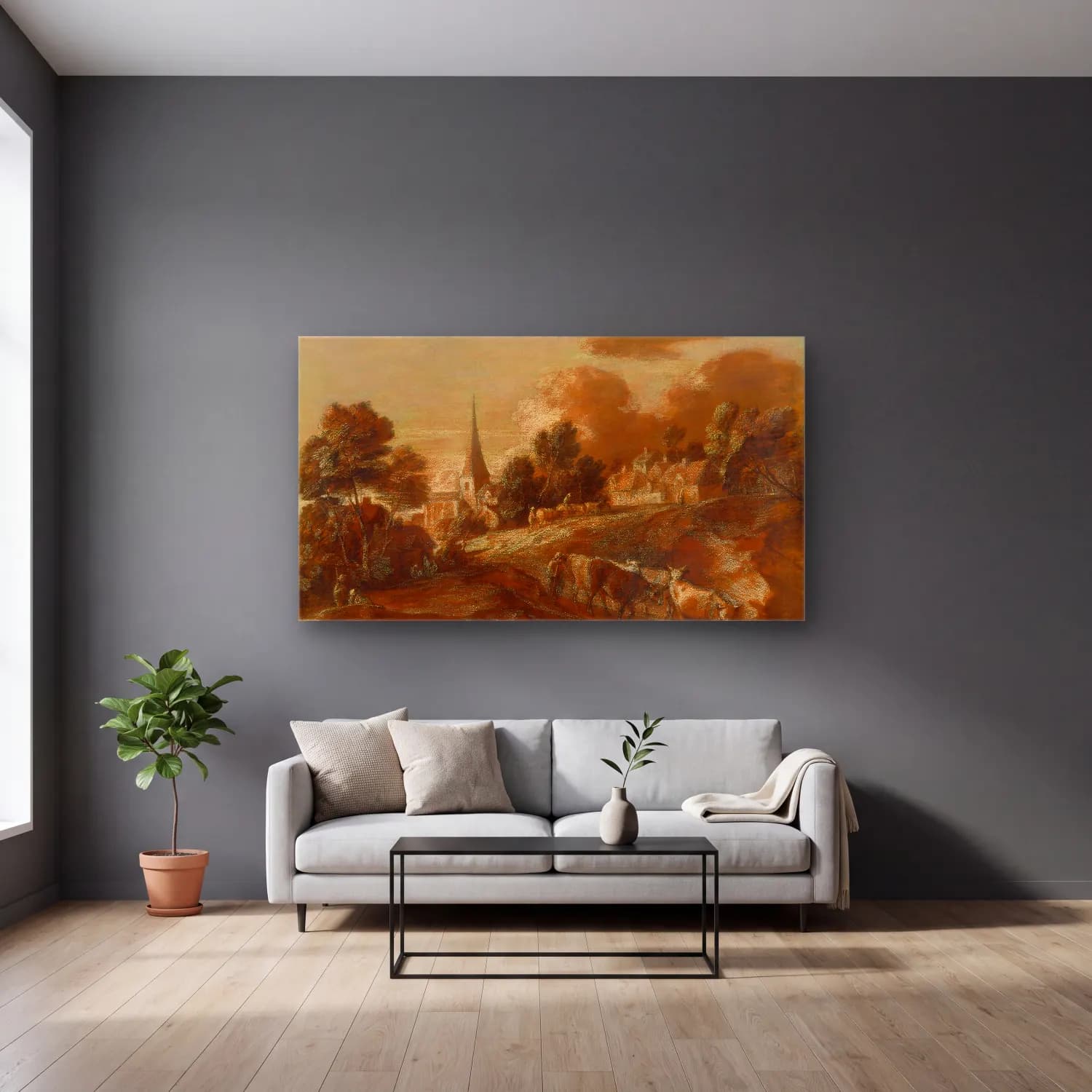 Thomas Gainsborough – An Imaginary Wooded Village with Drovers and Cattle cam tablo — gri duvarlı salonda