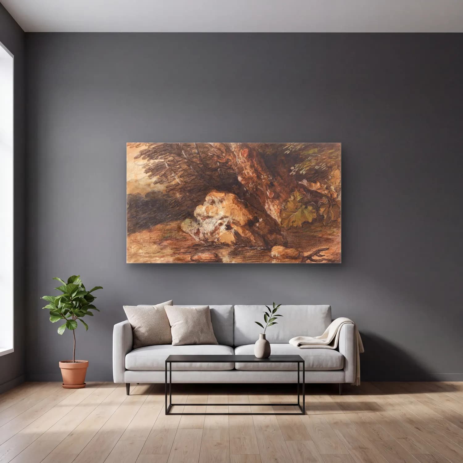Thomas Gainsborough – Coastal Landscape with a Shepherd and His Flock cam tablo — gri duvarlı salonda