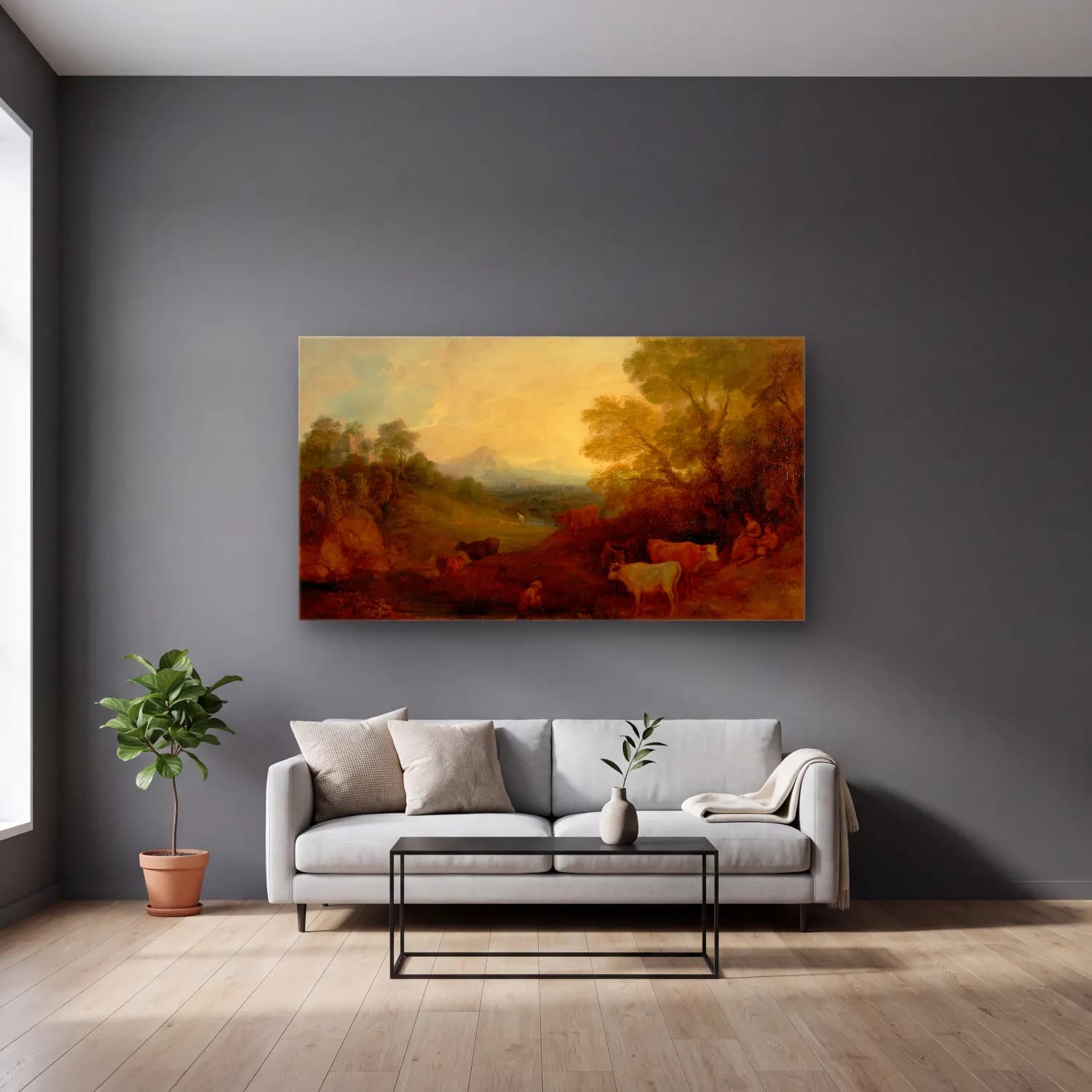 Thomas Gainsborough – Landscape with Cattle cam tablo — gri duvarlı salonda