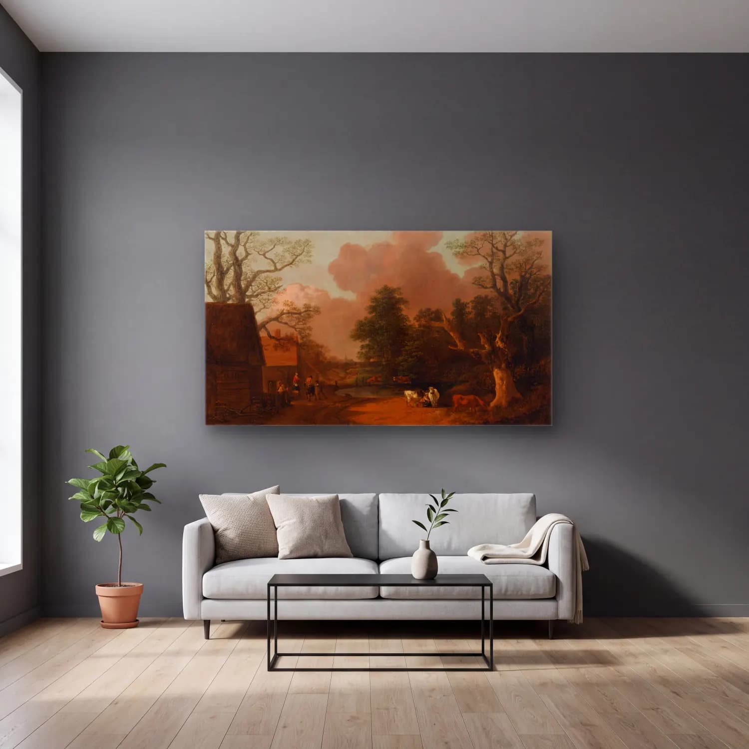Thomas Gainsborough – Landscape with Milkmaid cam tablo — gri duvarlı salonda