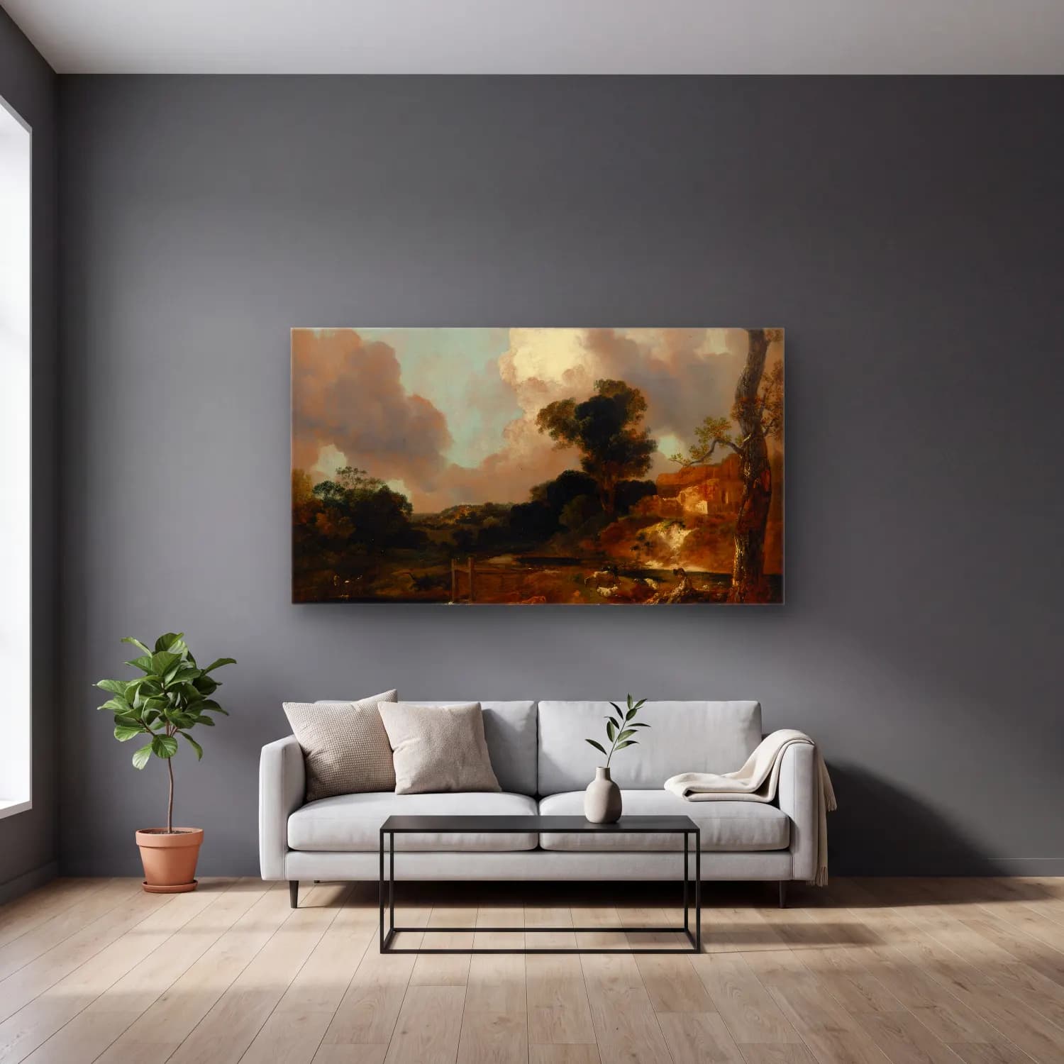 Thomas Gainsborough – Landscape with Stream and Weir cam tablo — gri duvarlı salonda