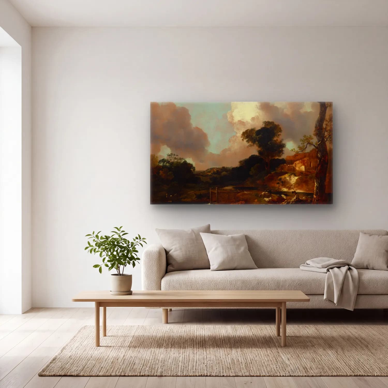 Thomas Gainsborough – Landscape with Stream and Weir cam tablo — açık renk salonda