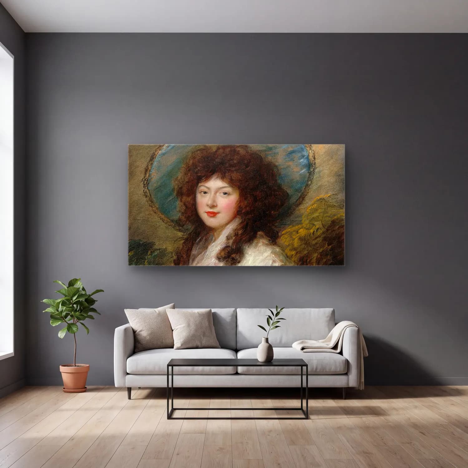 Thomas Gainsborough – Miss Catherine Tatton cam tablo — gri duvarlı salonda