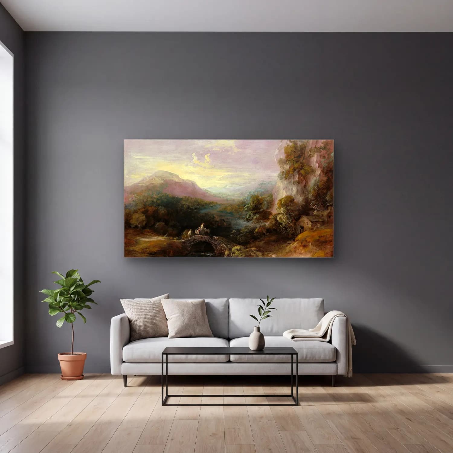 Thomas Gainsborough – Mountain Landscape with Bridge cam tablo — gri duvarlı salonda