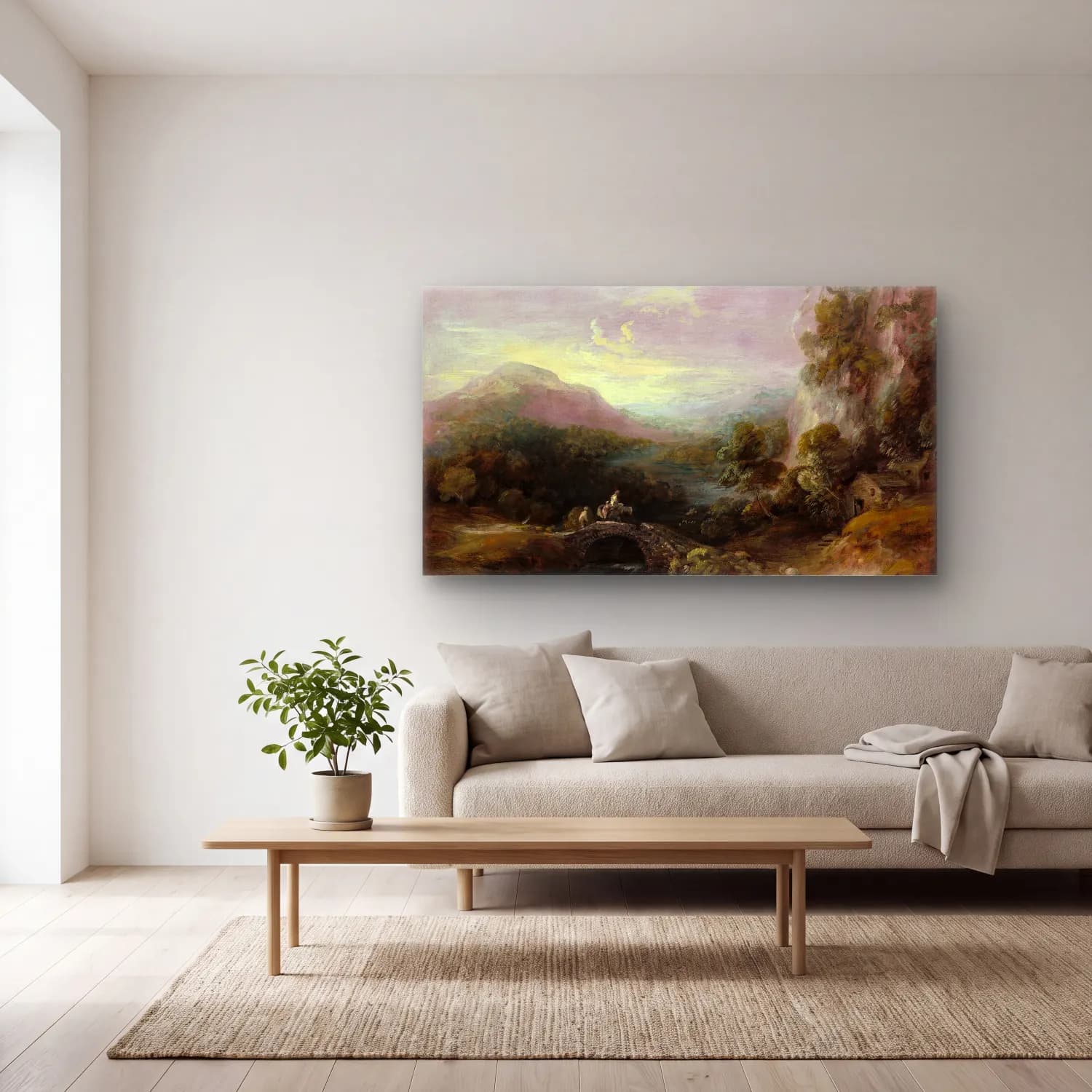 Thomas Gainsborough – Mountain Landscape with Bridge cam tablo — açık renk salonda