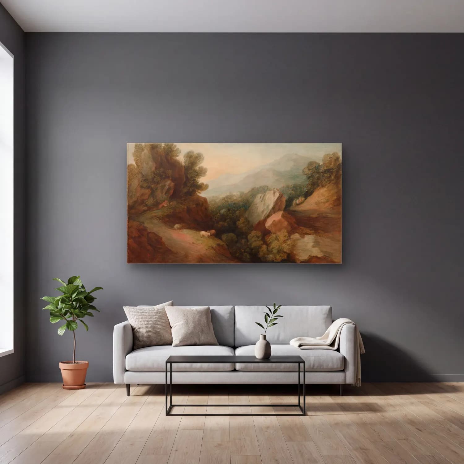 Thomas Gainsborough – Rocky, Wooded Landscape with a Dell and Weir cam tablo — gri duvarlı salonda