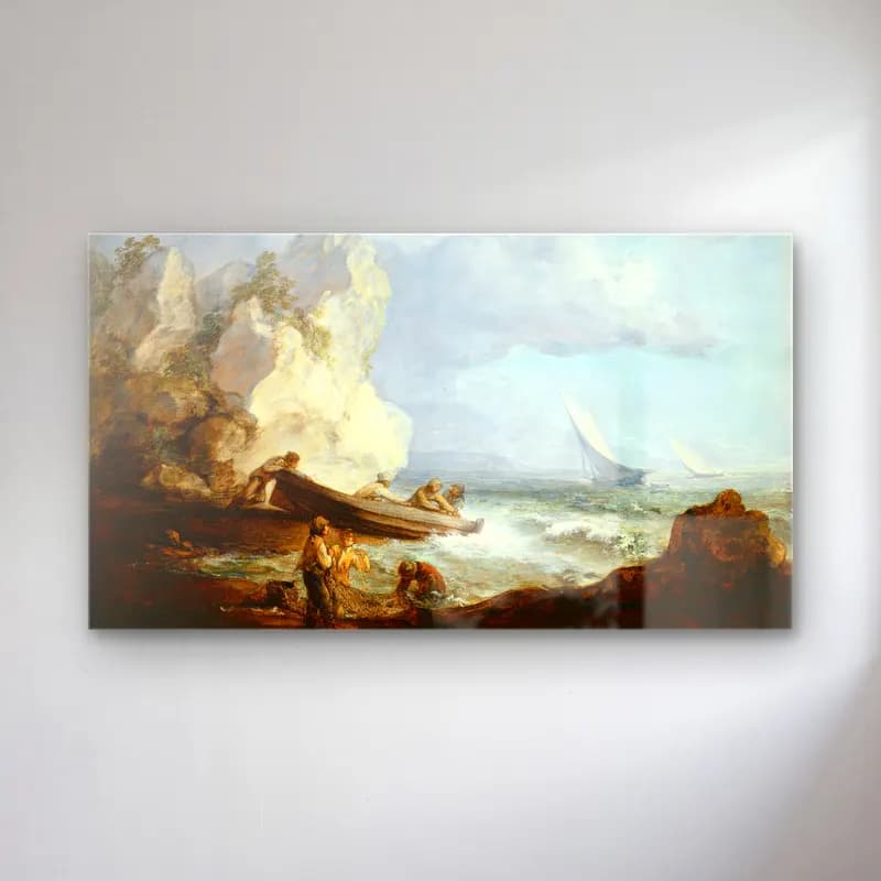 Thomas Gainsborough – Seashore with Fishermen cam tablo — Thomas Gainsborough – Seashore with Fishermen — yağlı boya fırtınalı denizde gemi