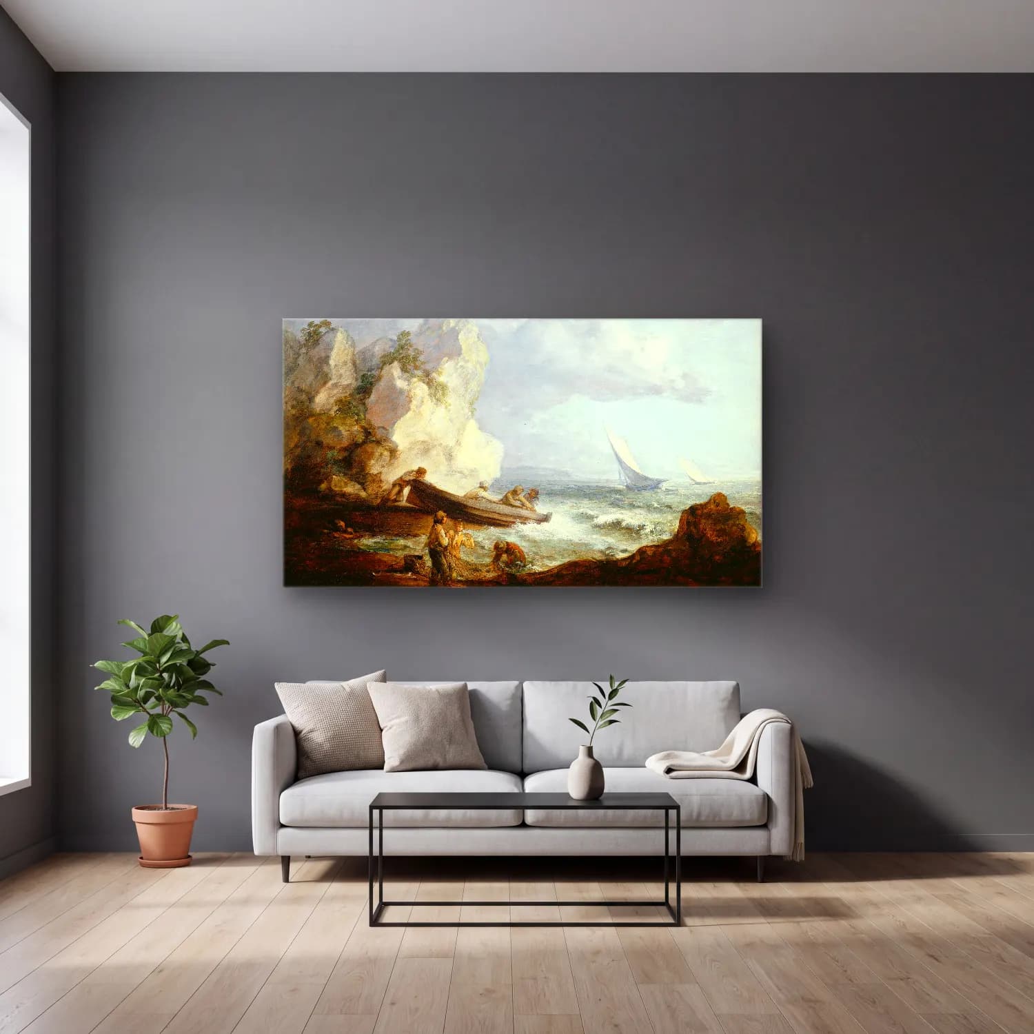 Thomas Gainsborough – Seashore with Fishermen cam tablo — gri duvarlı salonda