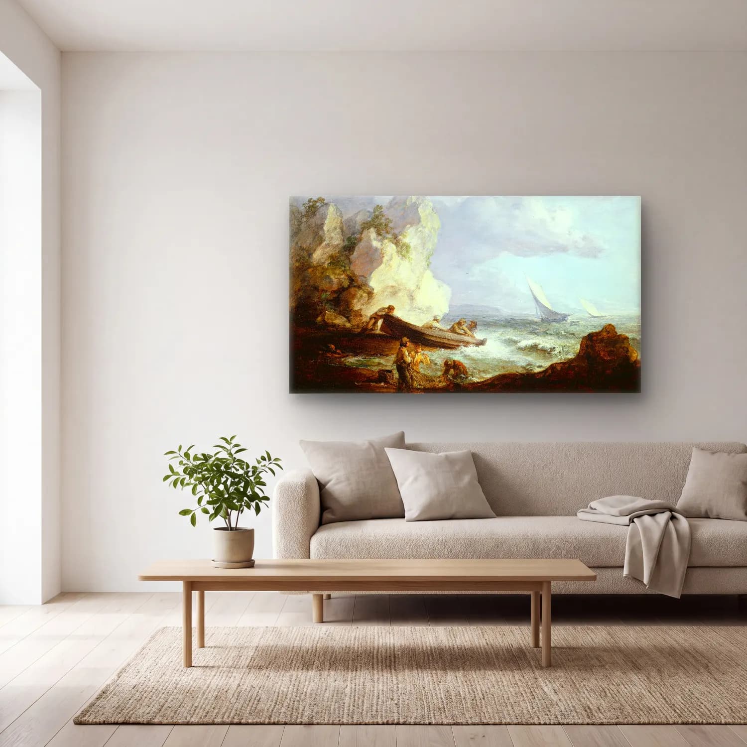 Thomas Gainsborough – Seashore with Fishermen cam tablo — açık renk salonda