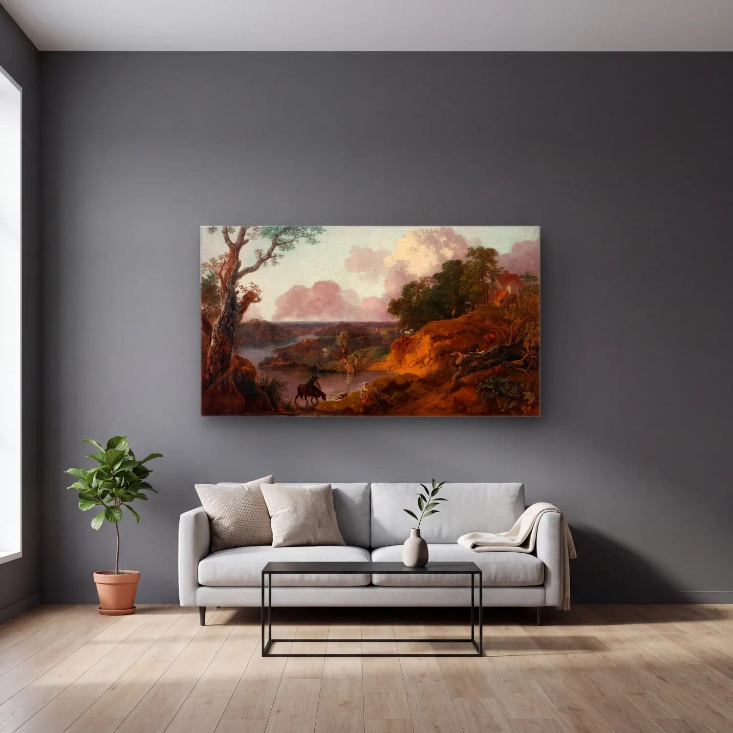 Thomas Gainsborough – View in Suffolk cam tablo — gri duvarlı salonda