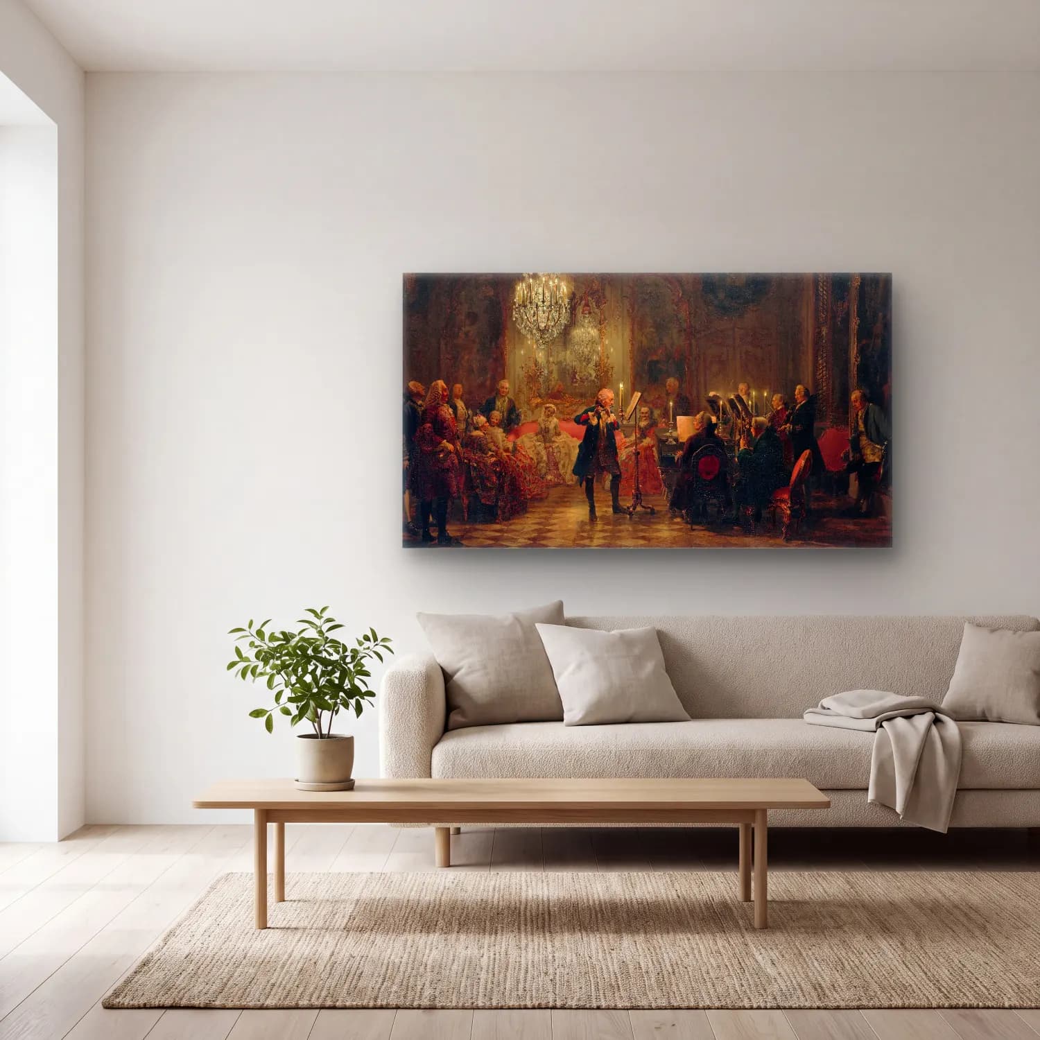 Adolph von Menzel – Concert for flute with Frederick the Great in Sanssouci cam tablo — açık renk salonda