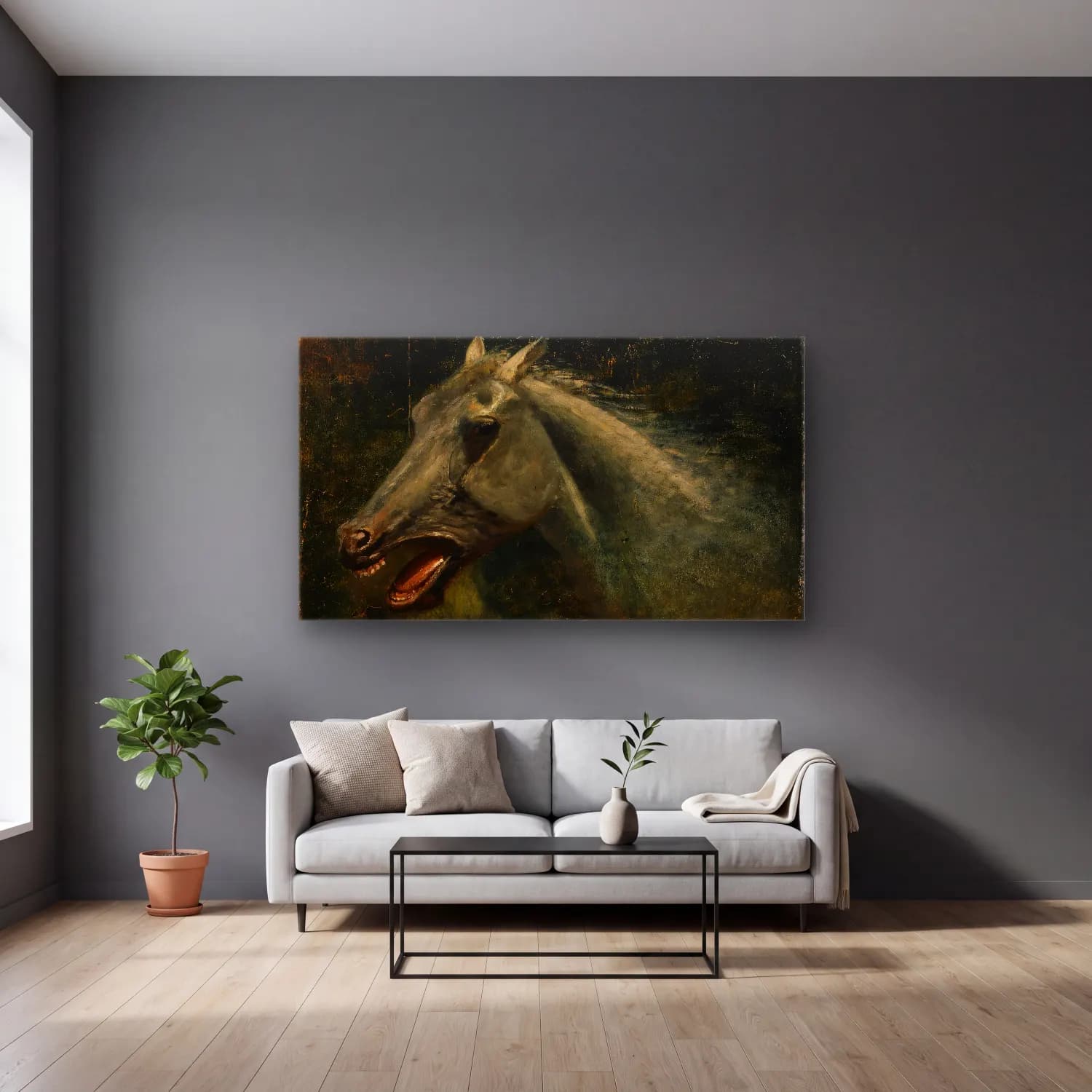 Albert Bierstadt – A Wild Stallion (an original oil sketch for ‘The Last of… cam tablo — gri duvarlı salonda