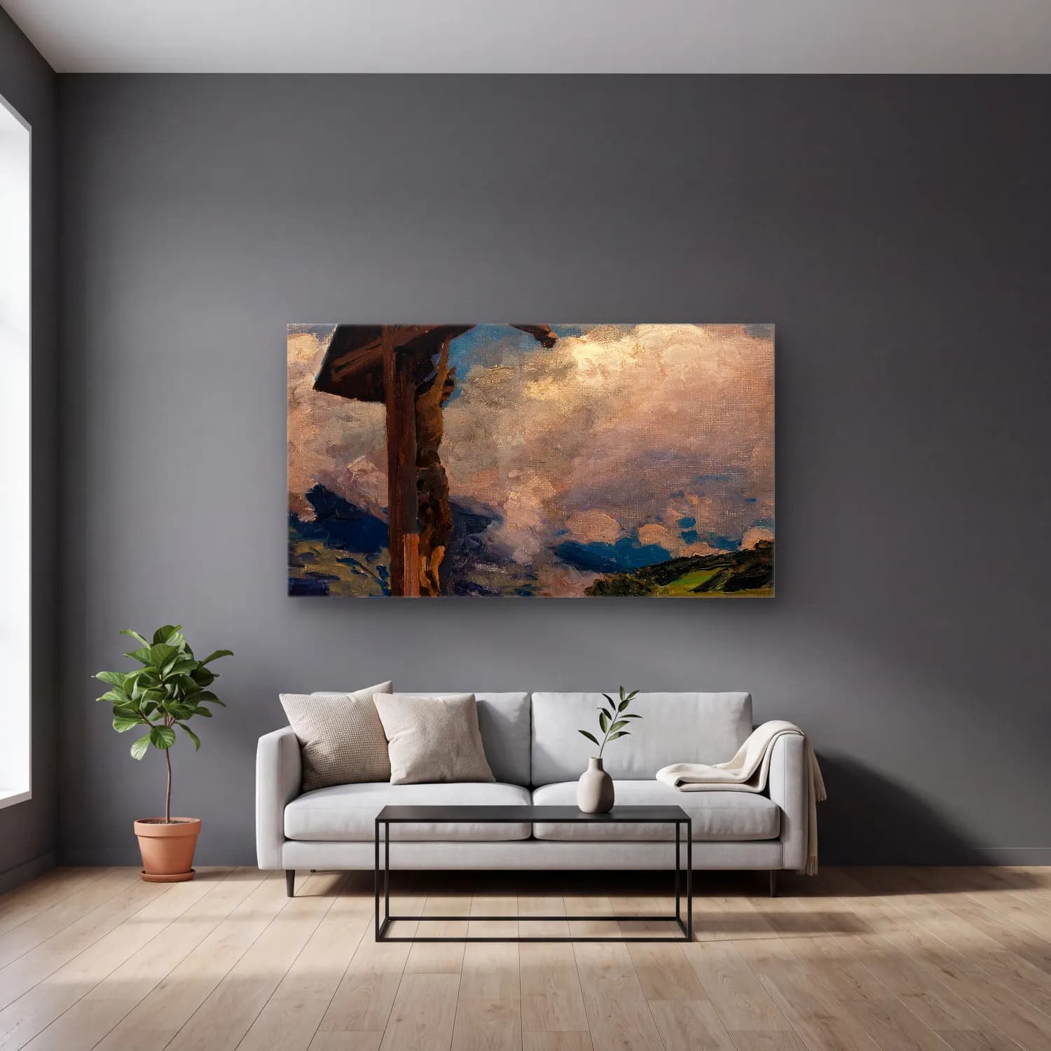 Alexander Koester – A Wayside Shrine cam tablo — gri duvarlı salonda