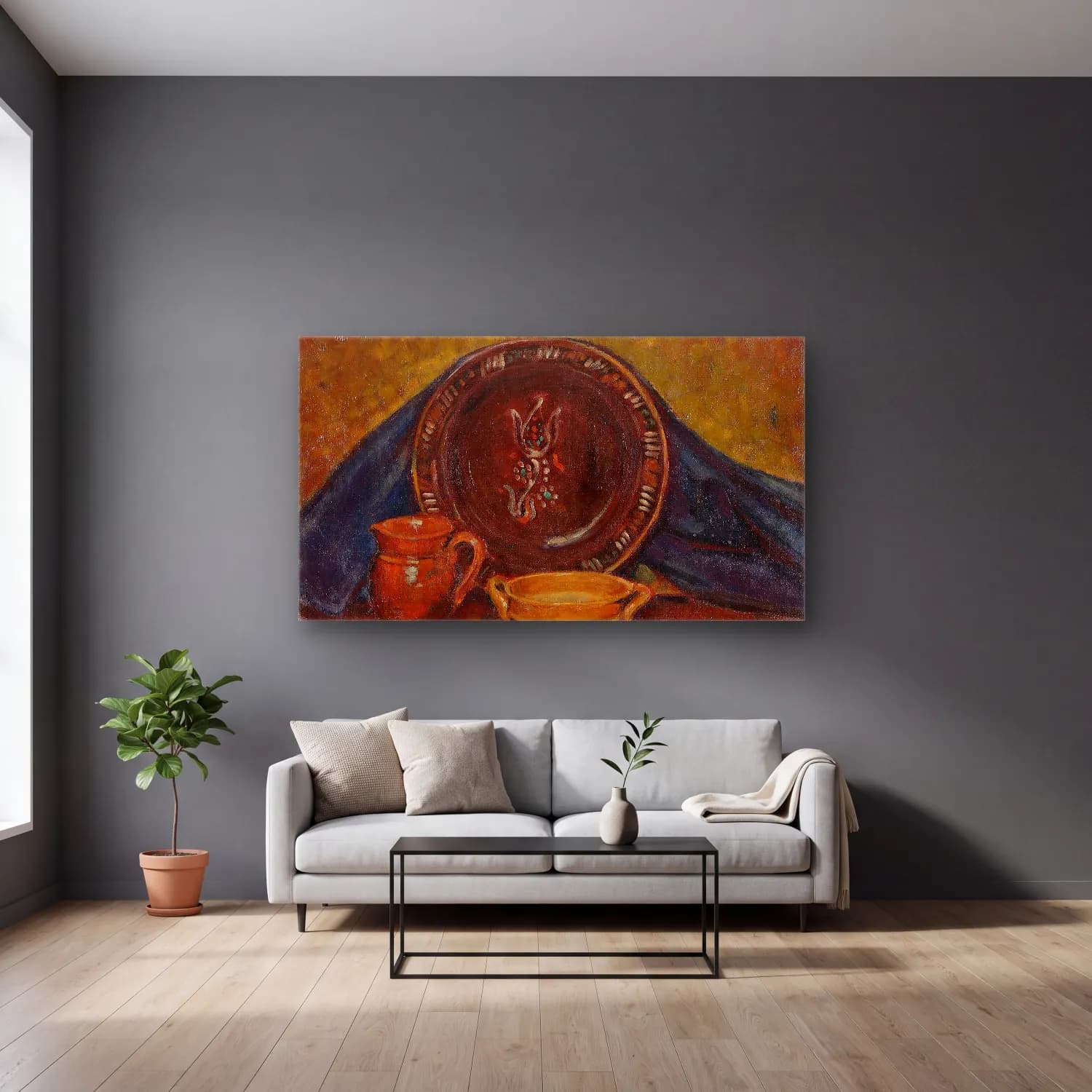 Alfred William Finch – Still Life – Bej Tonlar cam tablo — gri duvarlı salonda