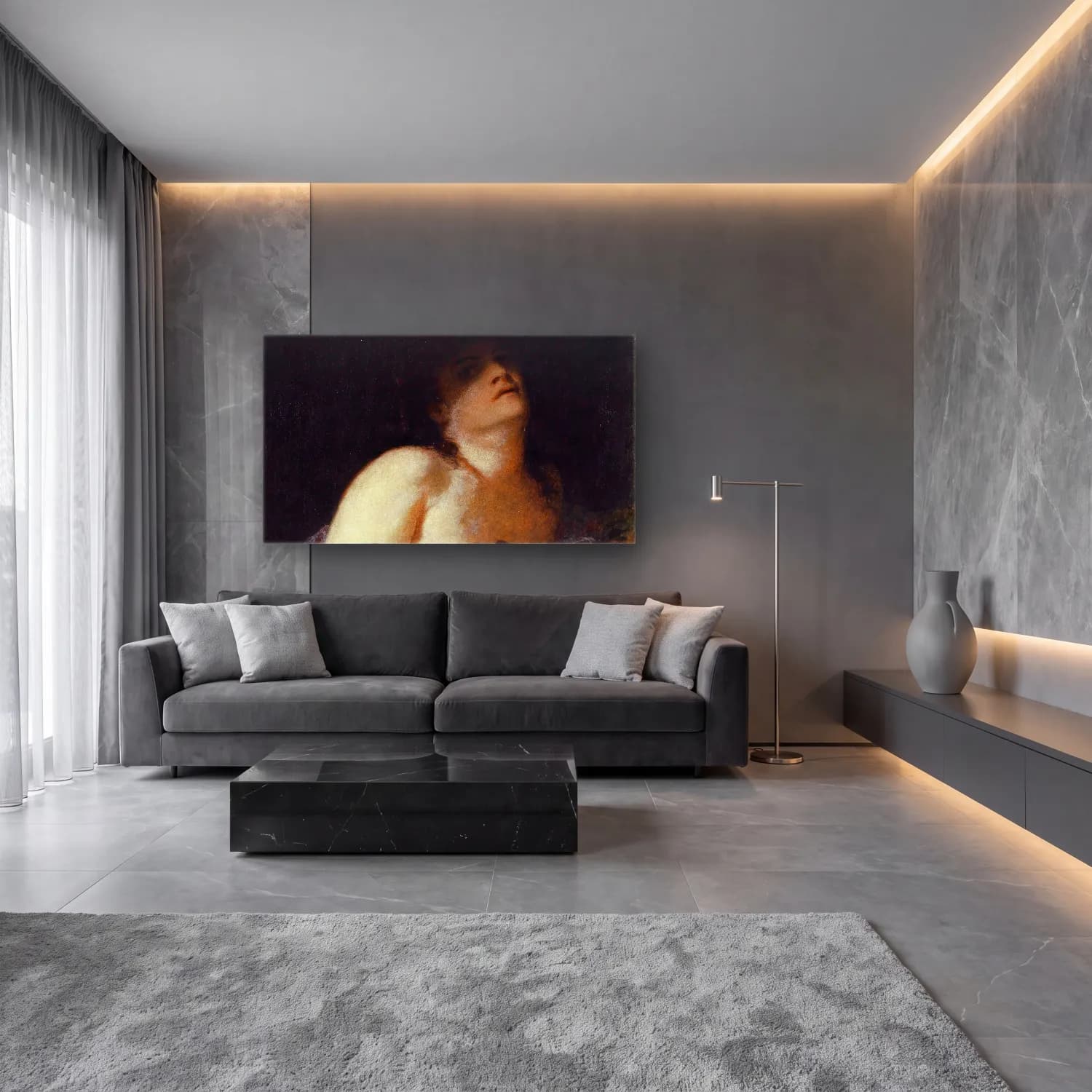 Yağlı Boya Figür Çalışması – Pastel Tonlar cam tablo — lüks salon duvarında