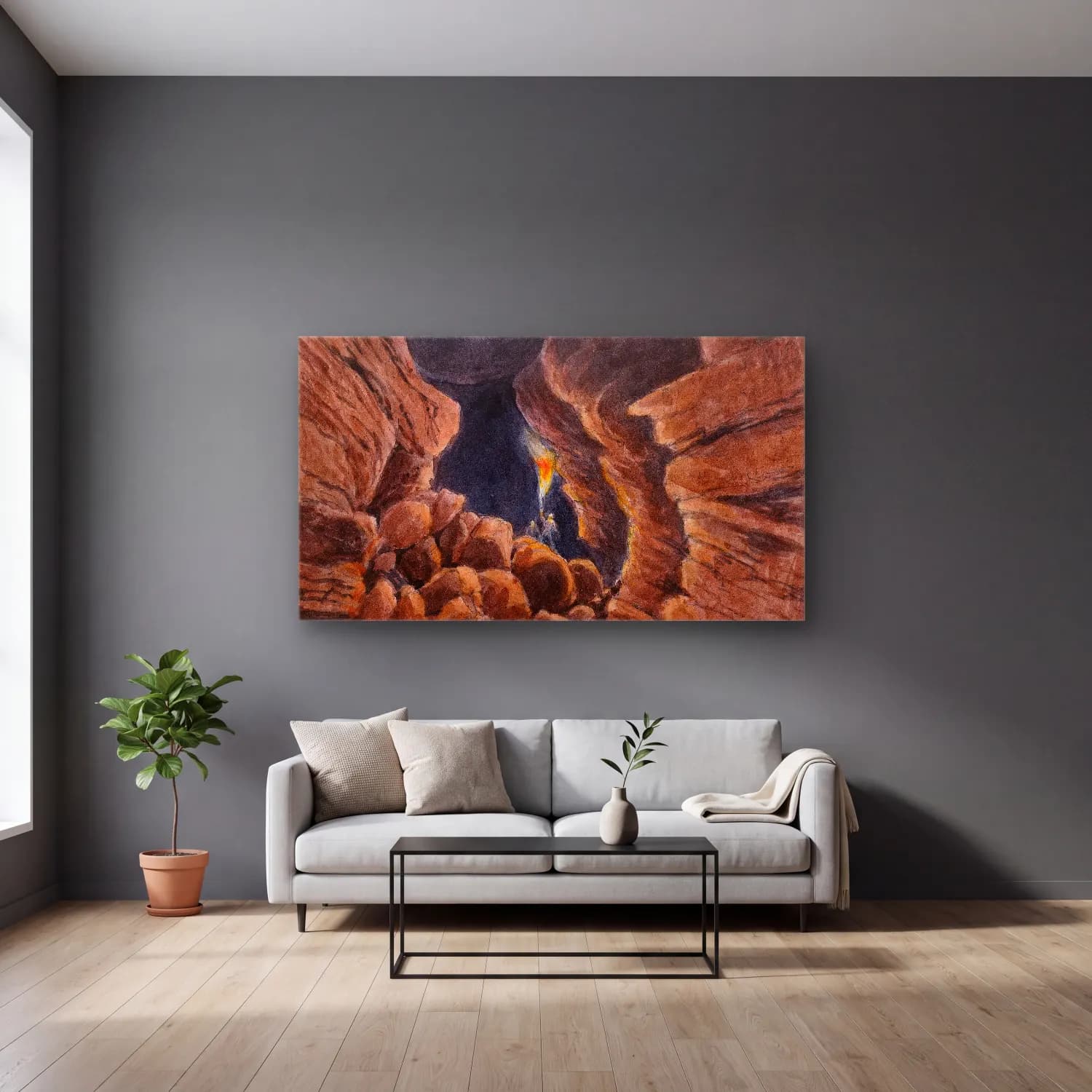 Charles Hamilton Smith – Cave of Surtshellir or Robber’s Cavern, Iceland cam tablo — gri duvarlı salonda