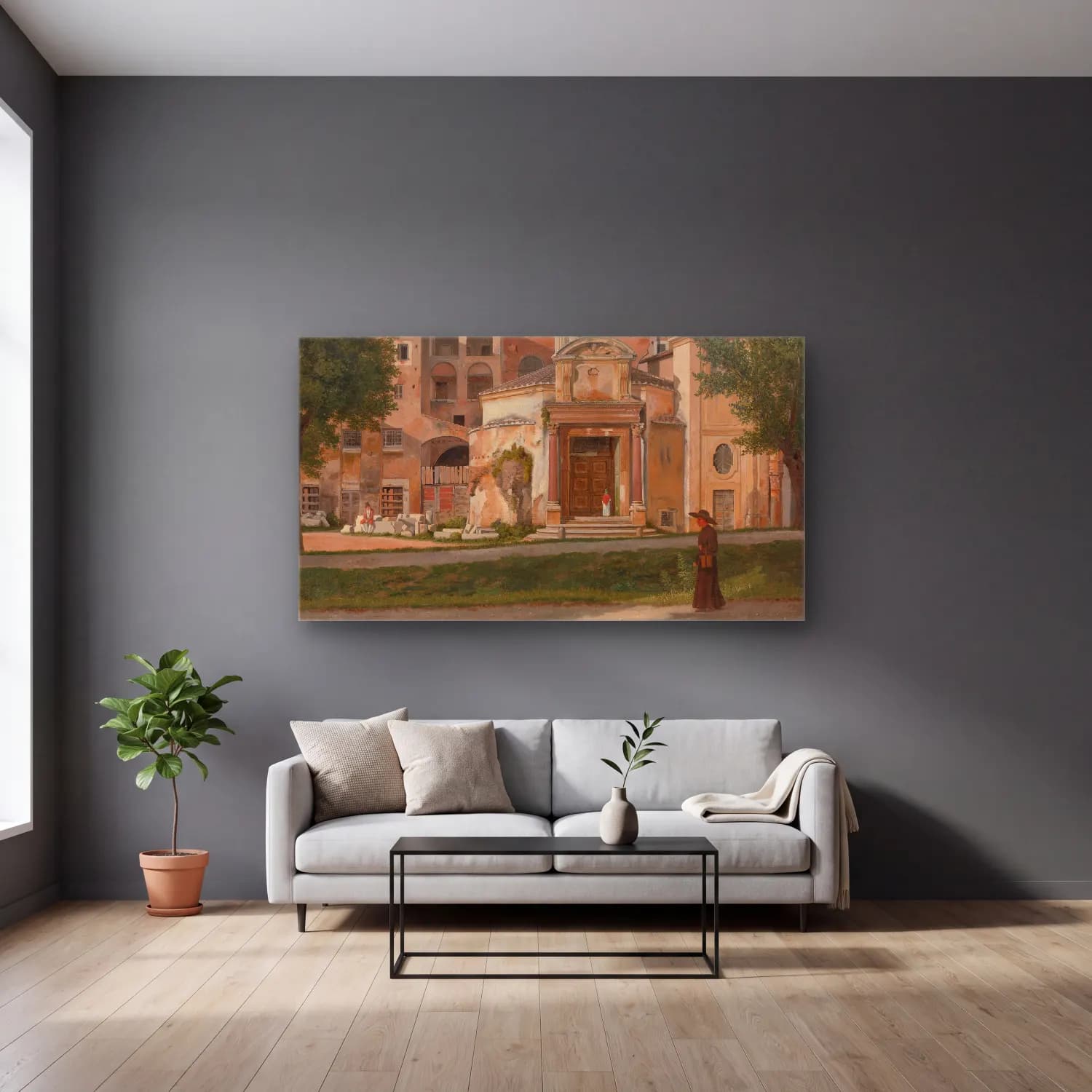 Christoffer Wilhelm Eckersberg – A Section of the Via Sacra, Rome (ca. 1814–15) cam tablo — gri duvarlı salonda