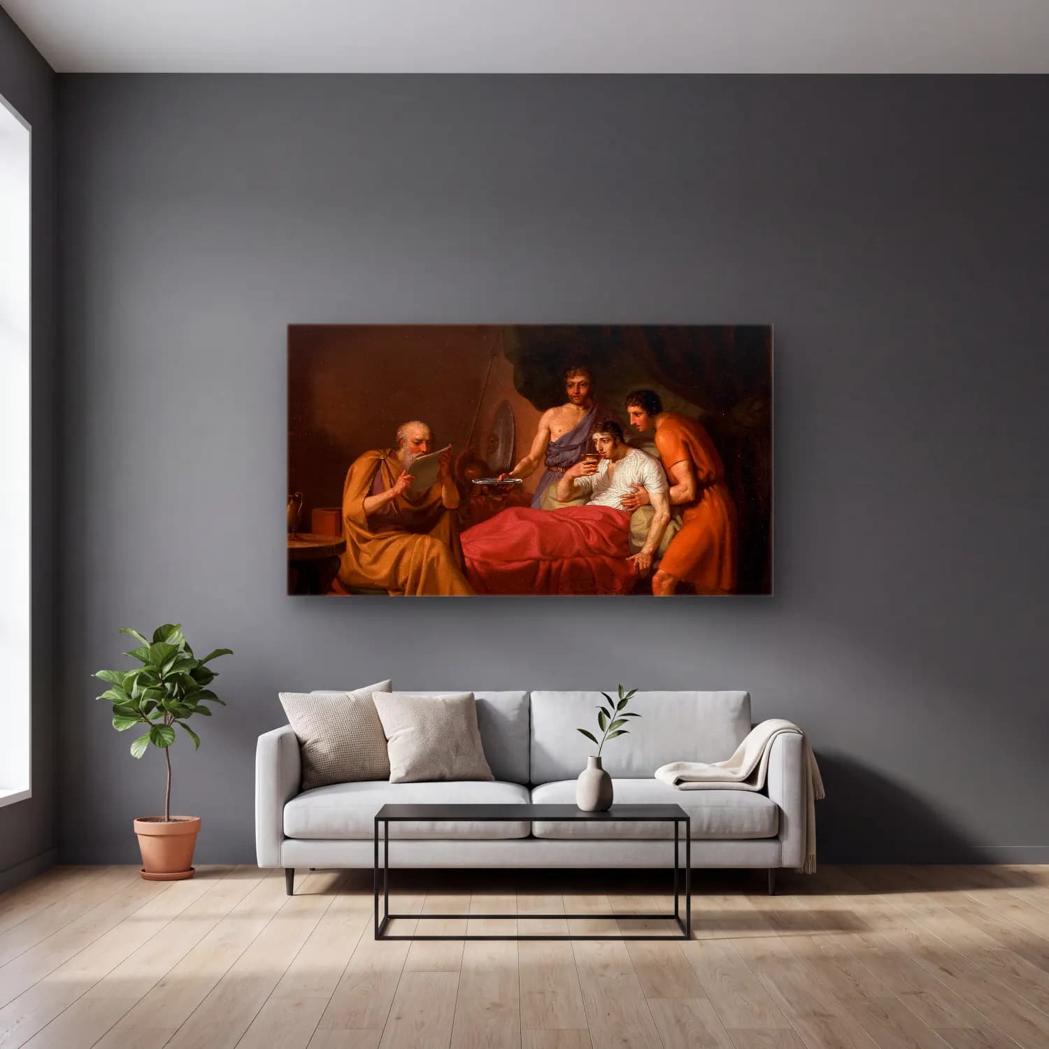 Christoffer Wilhelm Eckersberg – Alexander The Great On His Sickbed cam tablo — gri duvarlı salonda