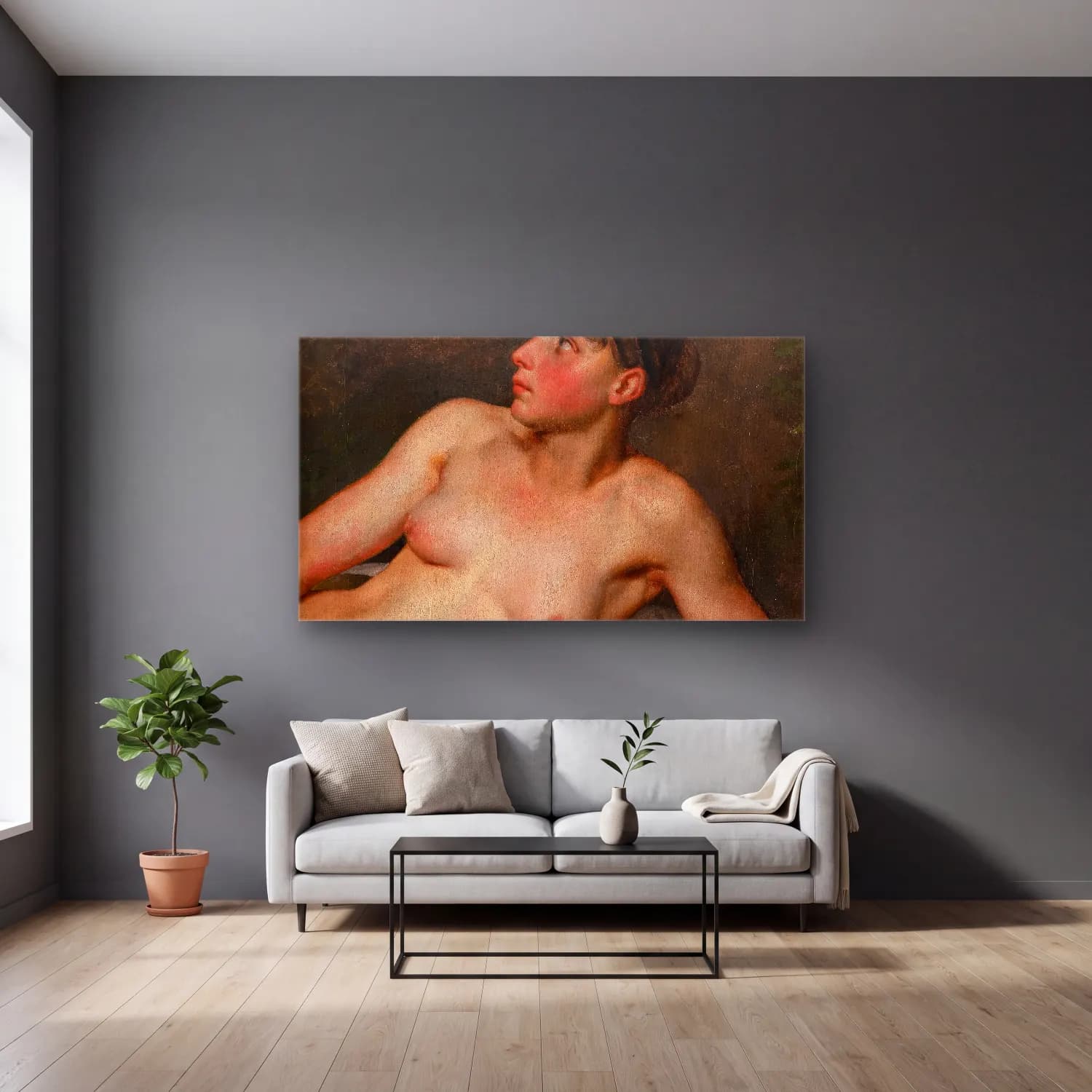 Christoffer Wilhelm Eckersberg – Reclining Female Nude cam tablo — gri duvarlı salonda