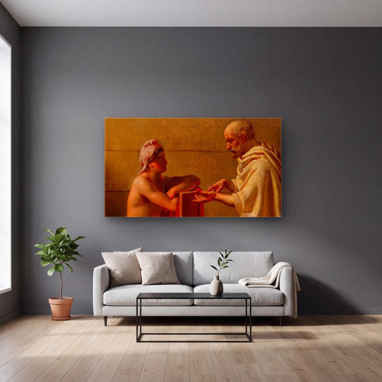 Christoffer Wilhelm Eckersberg – Socrates And Alcibiades cam tablo — gri duvarlı salonda