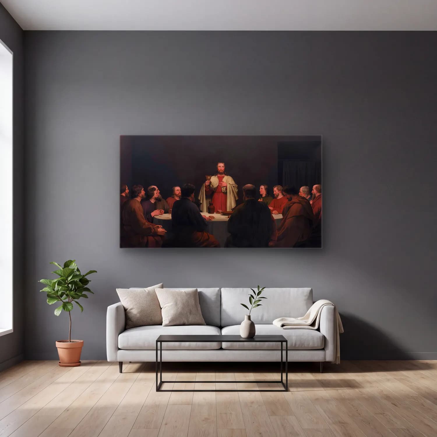 Christoffer Wilhelm Eckersberg – The Last Supper cam tablo — gri duvarlı salonda