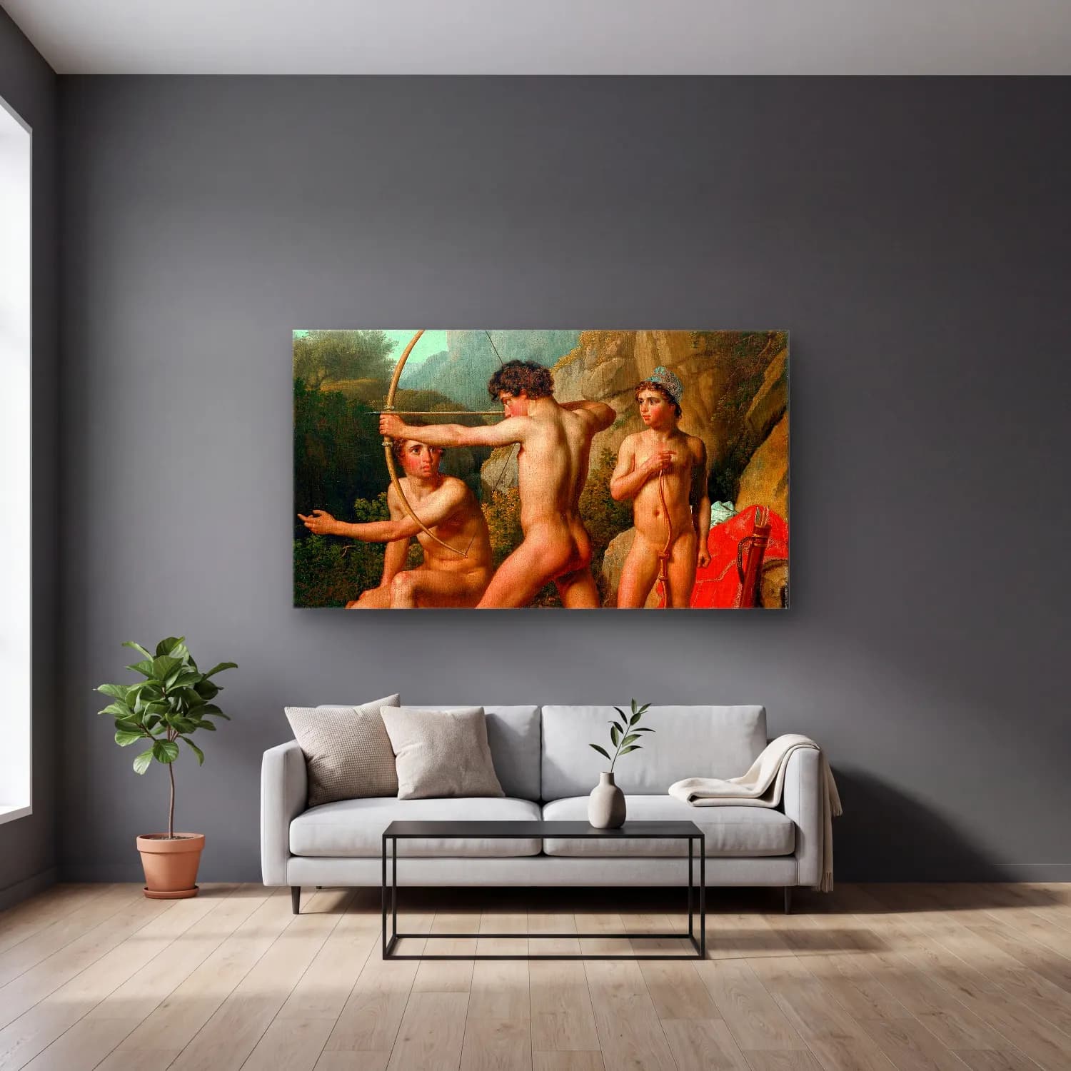 Christoffer Wilhelm Eckersberg – Three Spartan Boys Practising Archery cam tablo — gri duvarlı salonda