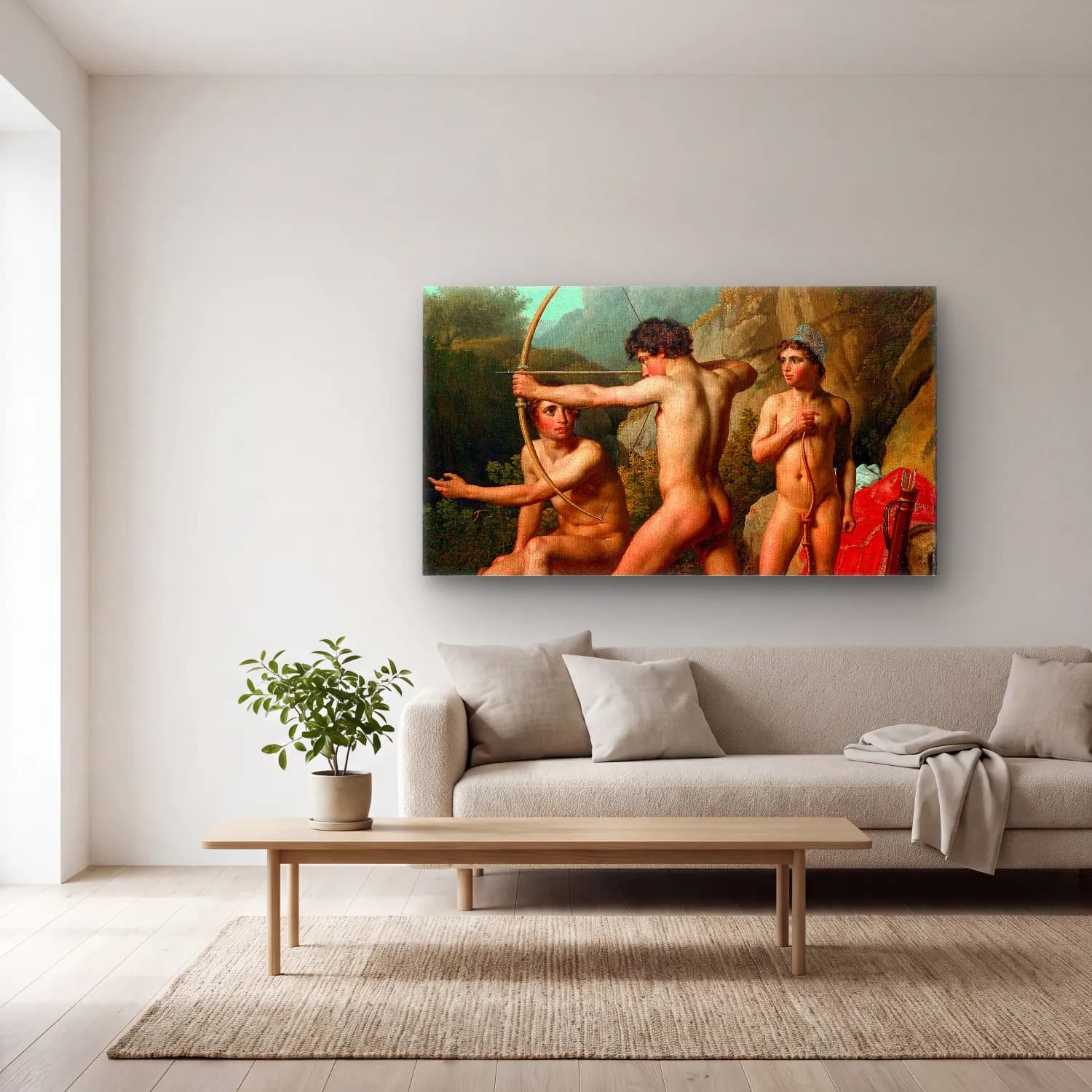 Christoffer Wilhelm Eckersberg – Three Spartan Boys Practising Archery cam tablo — açık renk salonda