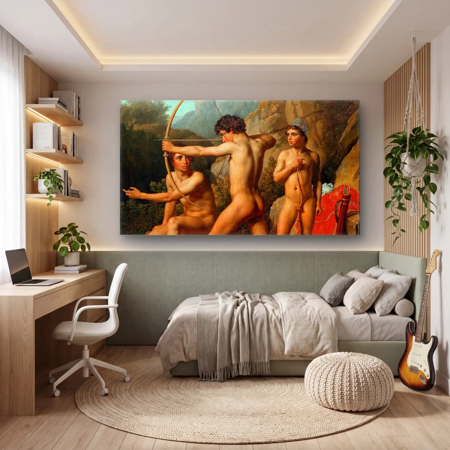 Christoffer Wilhelm Eckersberg – Three Spartan Boys Practising Archery cam tablo — genç odasında