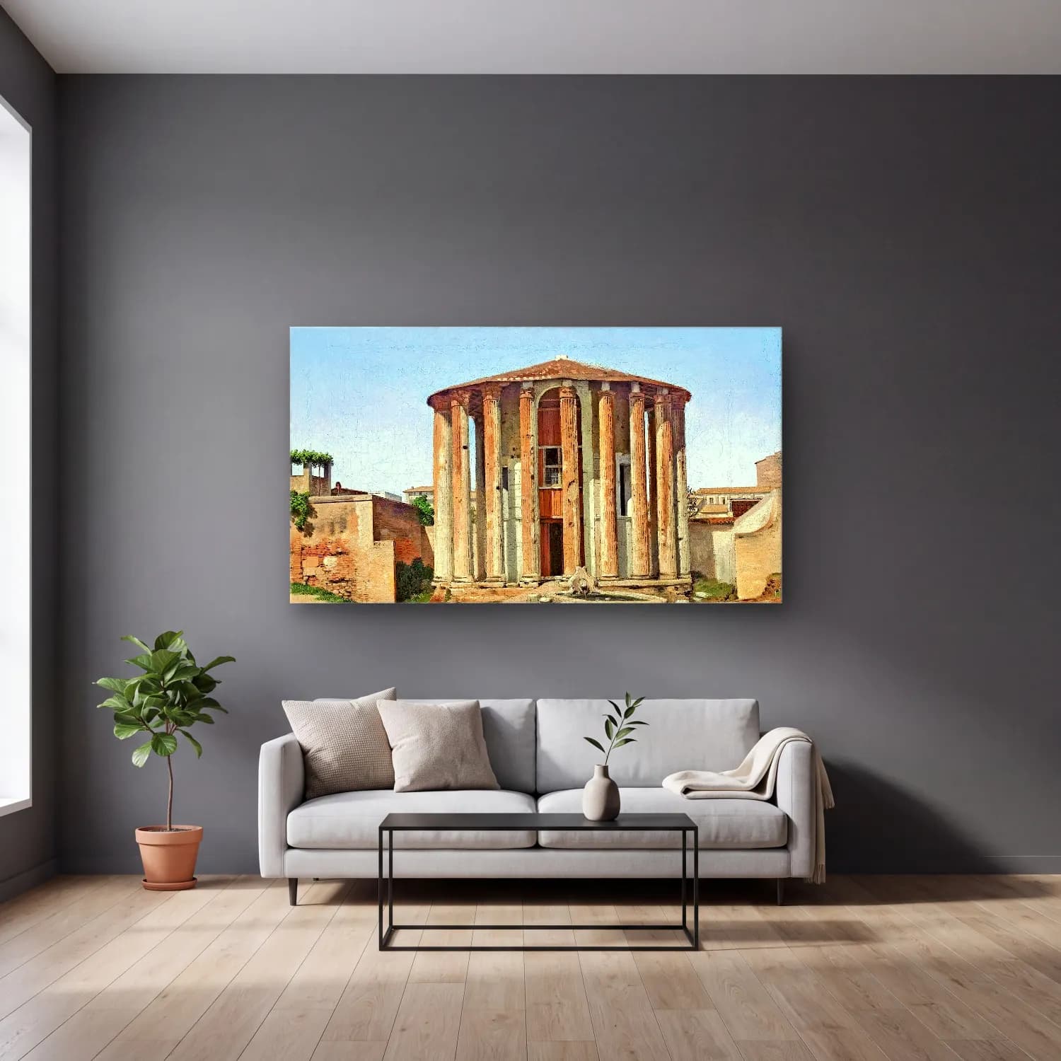 Christoffer Wilhelm Eckersberg – Vesta Temple in Rome cam tablo — gri duvarlı salonda