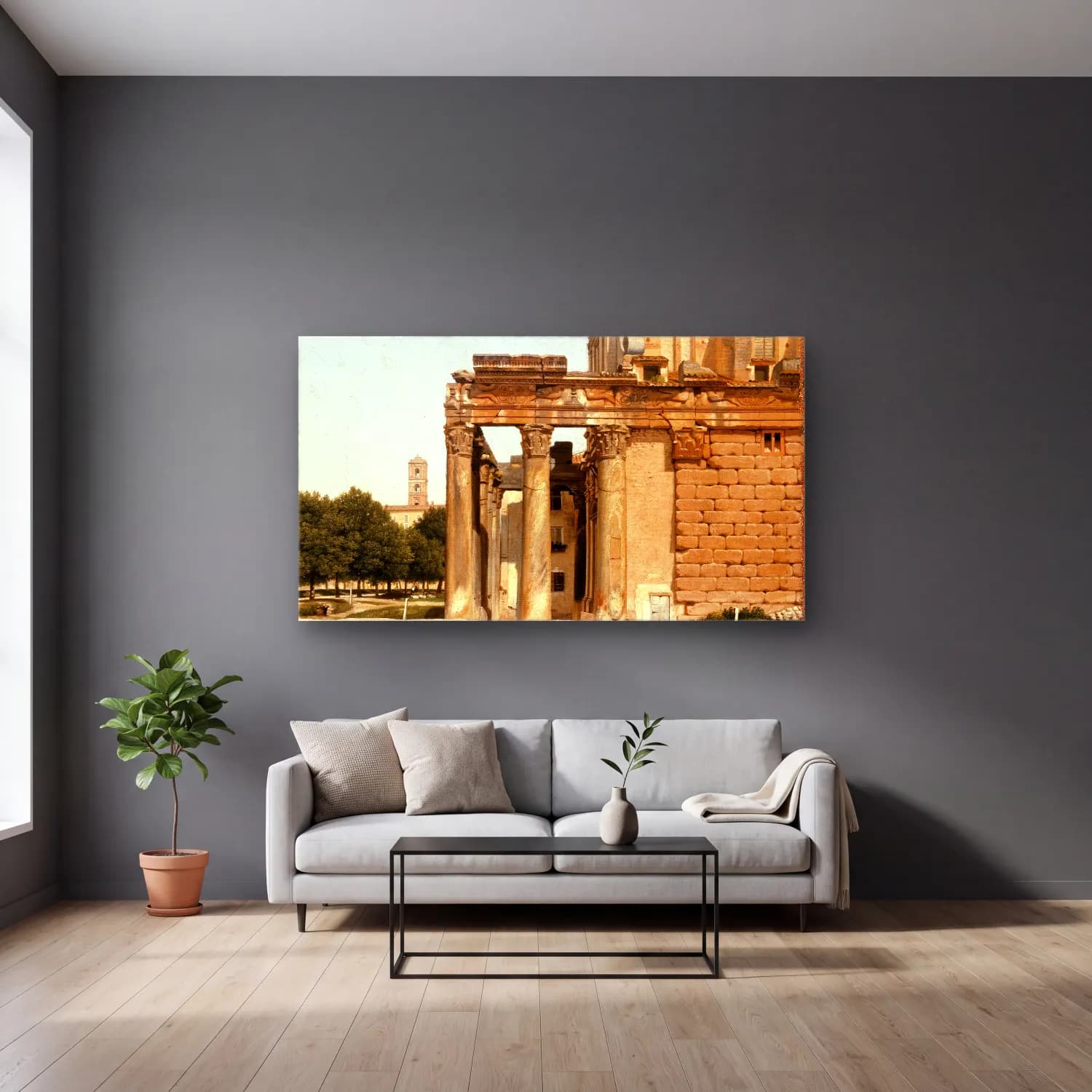 Christoffer Wilhelm Eckersberg – View of the Via Sacra, Rome cam tablo — gri duvarlı salonda