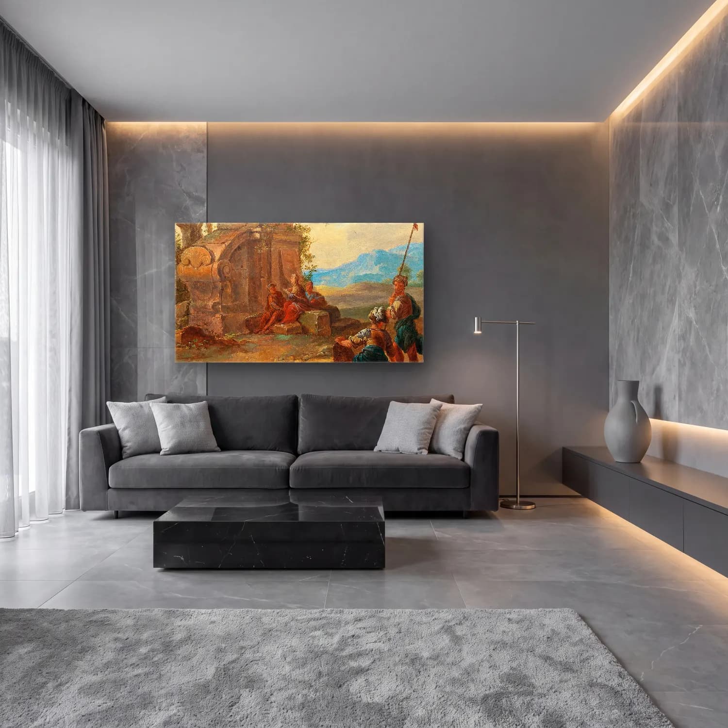 Franz de Paula Ferg – A landscape with ruins and resting figures cam tablo — lüks salon duvarında