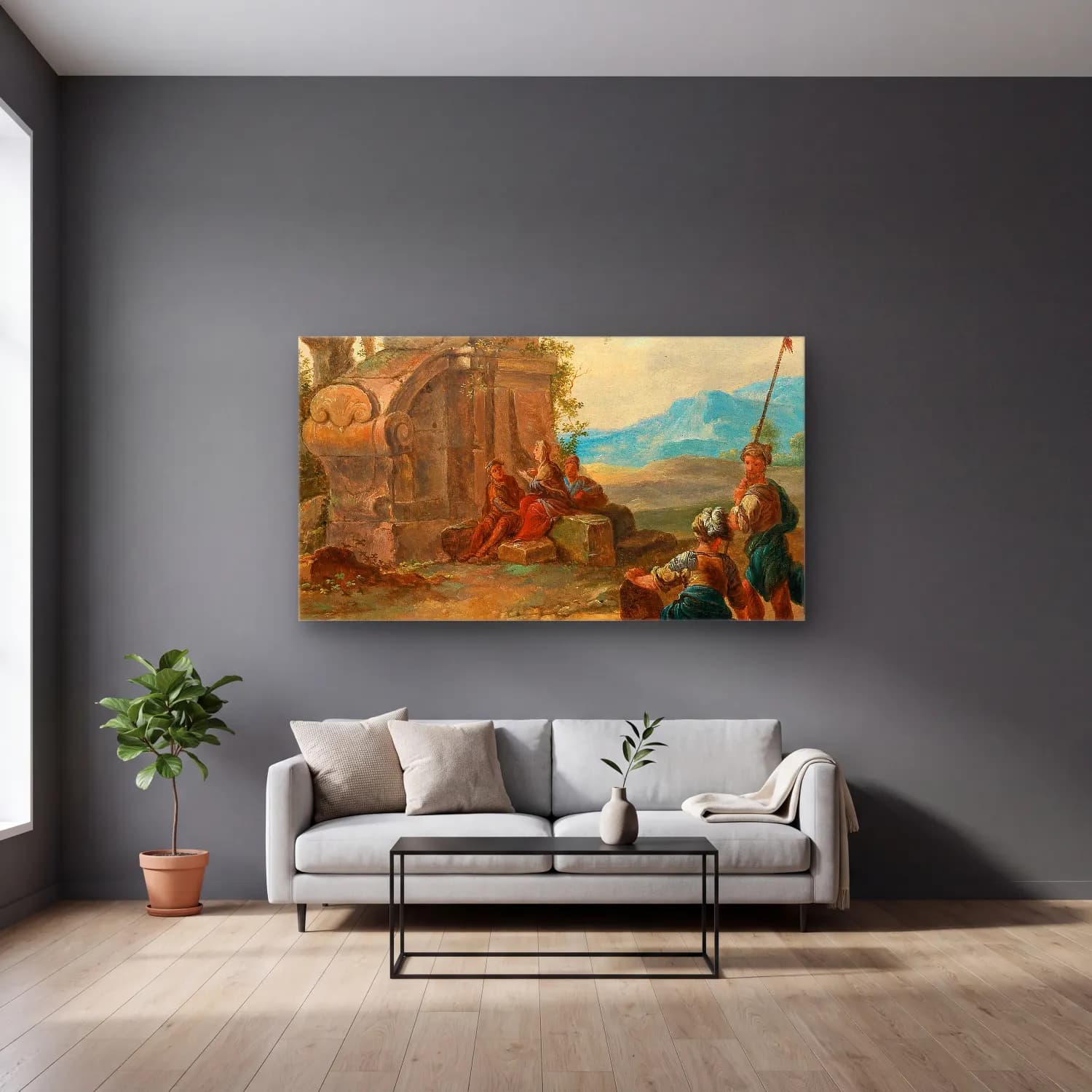 Franz de Paula Ferg – A landscape with ruins and resting figures cam tablo — gri duvarlı salonda