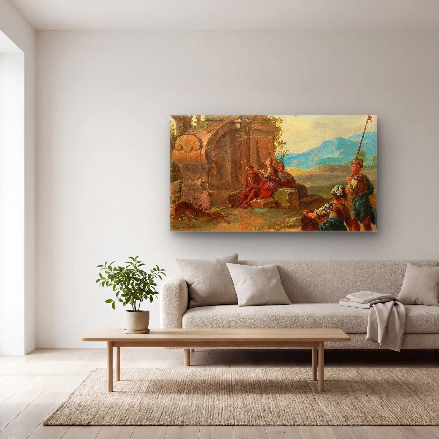 Franz de Paula Ferg – A landscape with ruins and resting figures cam tablo — açık renk salonda
