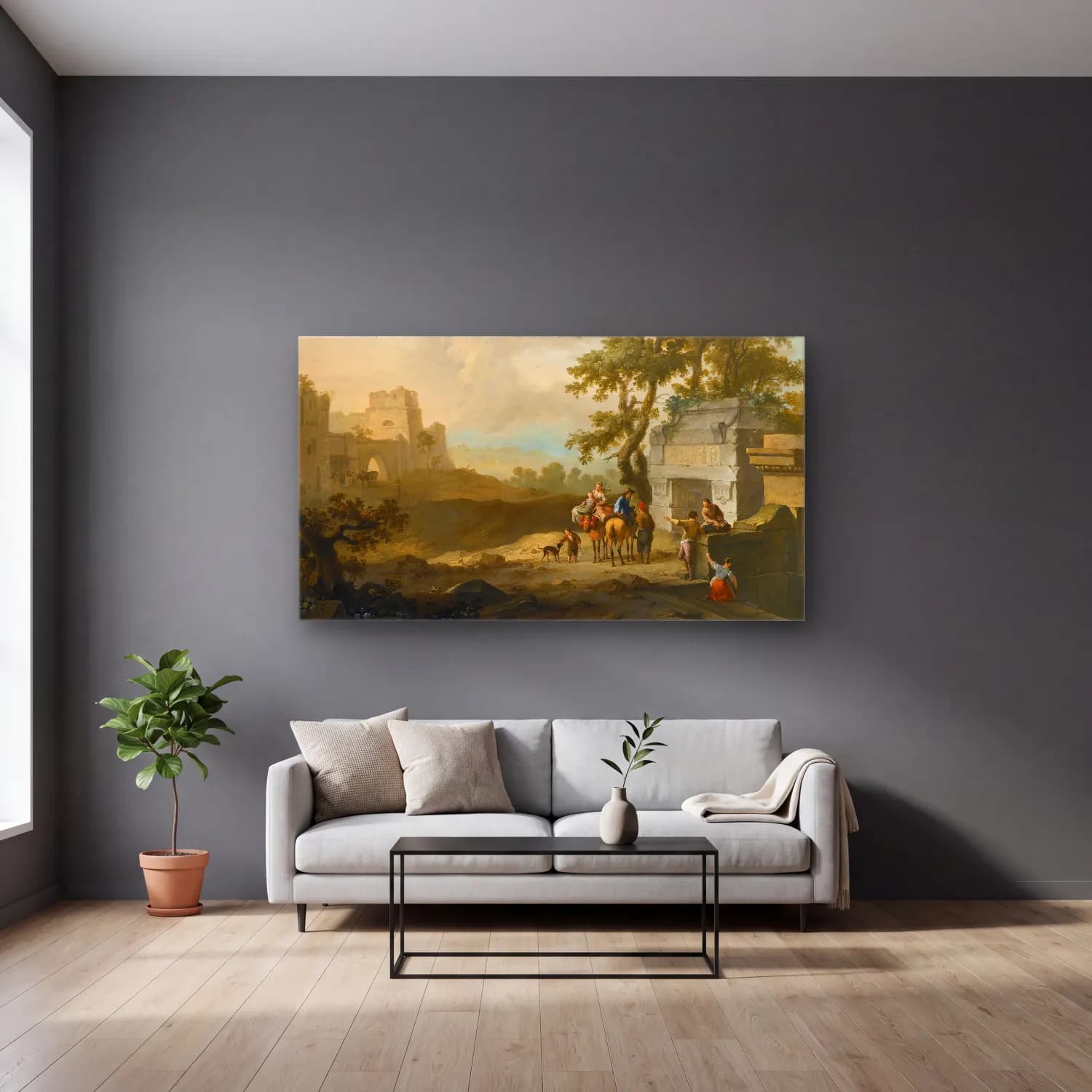Franz de Paula Ferg – An Italianate Landscape With Figures By Classical Ruins cam tablo — gri duvarlı salonda