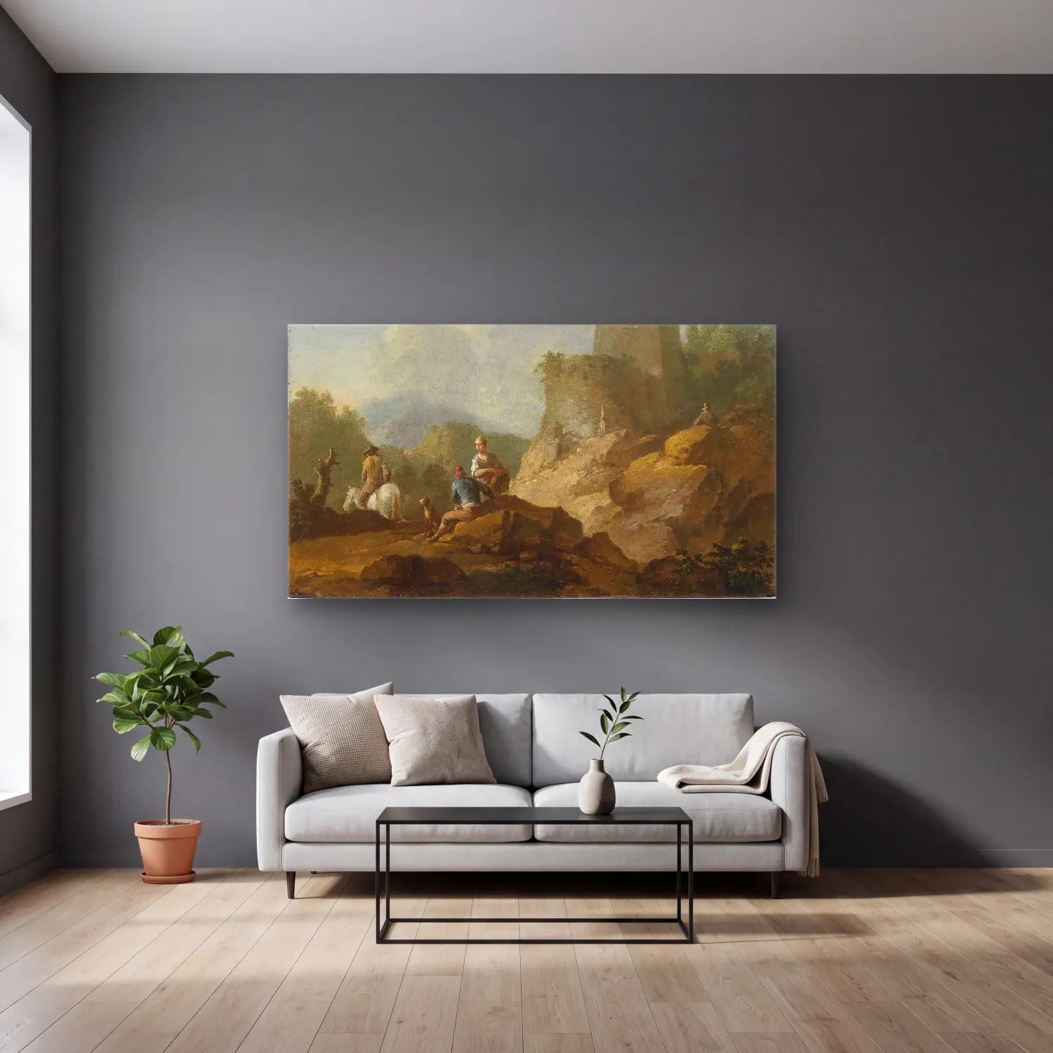 Franz de Paula Ferg – Landscape With Travellers And Ruins cam tablo — gri duvarlı salonda