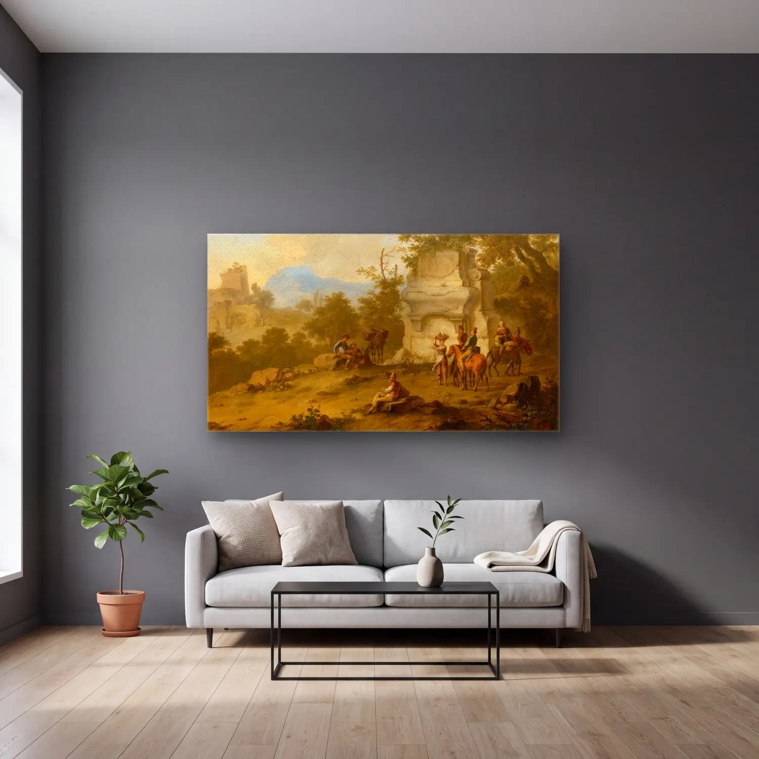 Franz de Paula Ferg – Landscape with Tomb and Horsemen II cam tablo — gri duvarlı salonda