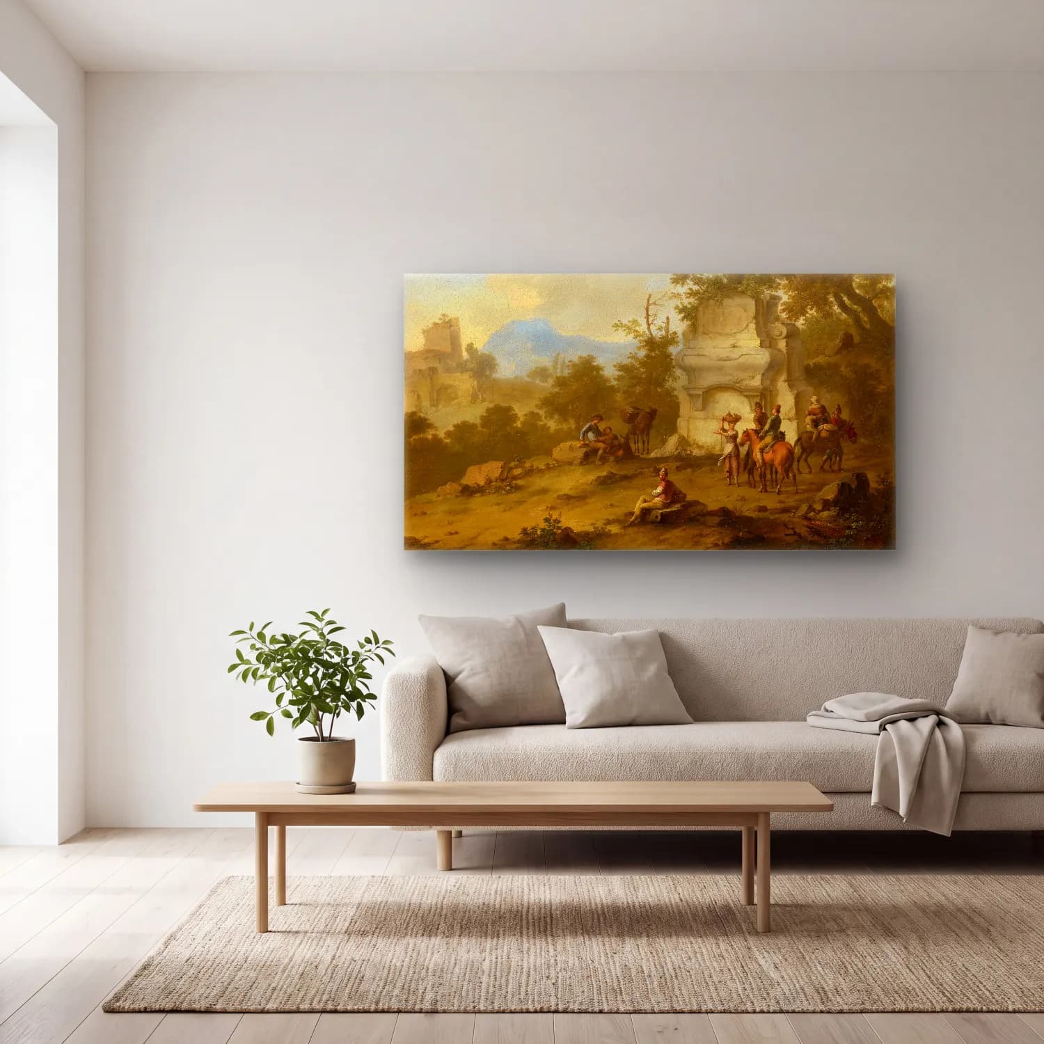 Franz de Paula Ferg – Landscape with Tomb and Horsemen II cam tablo — açık renk salonda